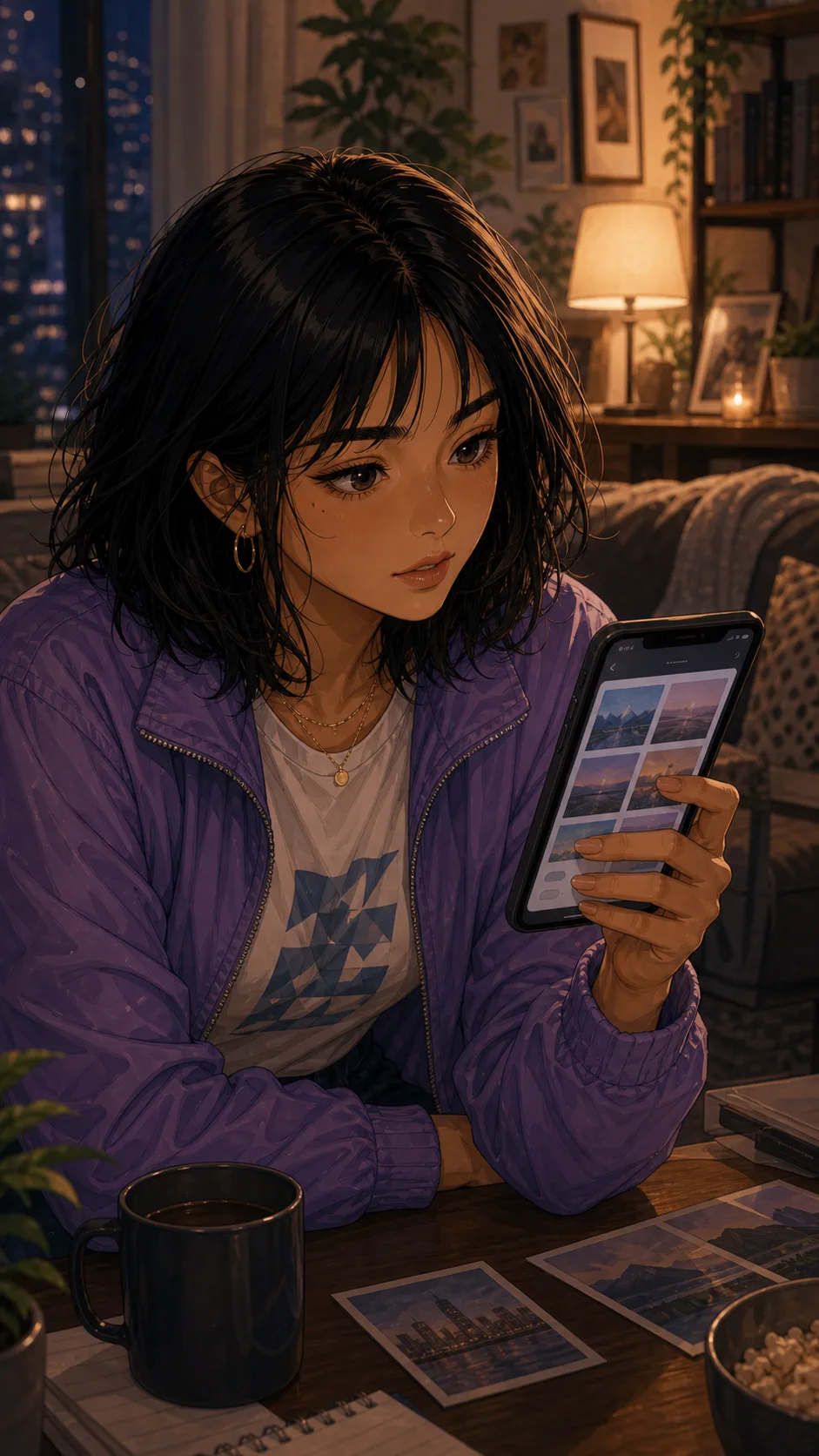 Maya taps through an automatic shared album setting on her phone.
