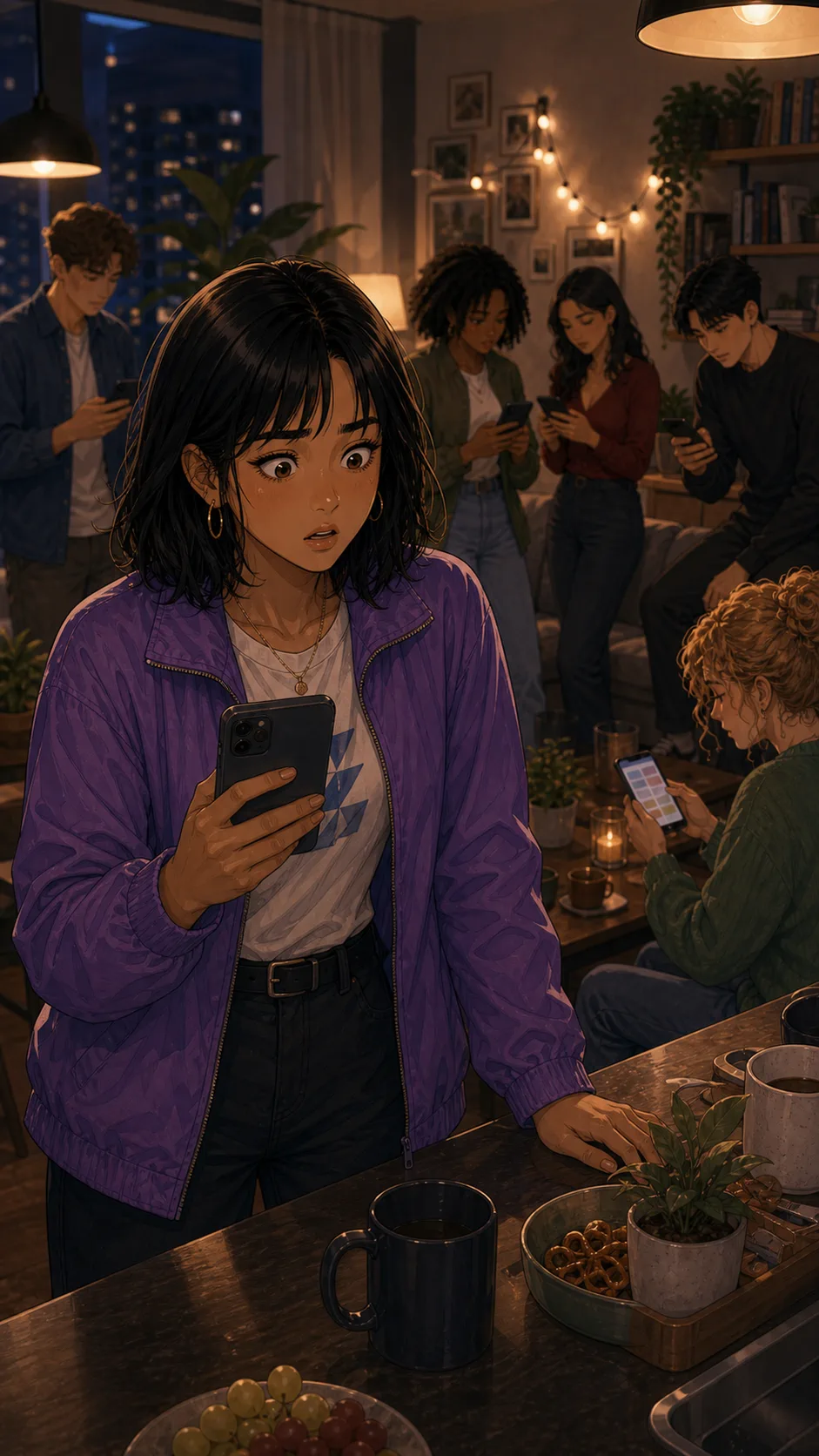 Maya looks alarmed while friends check the shared album.