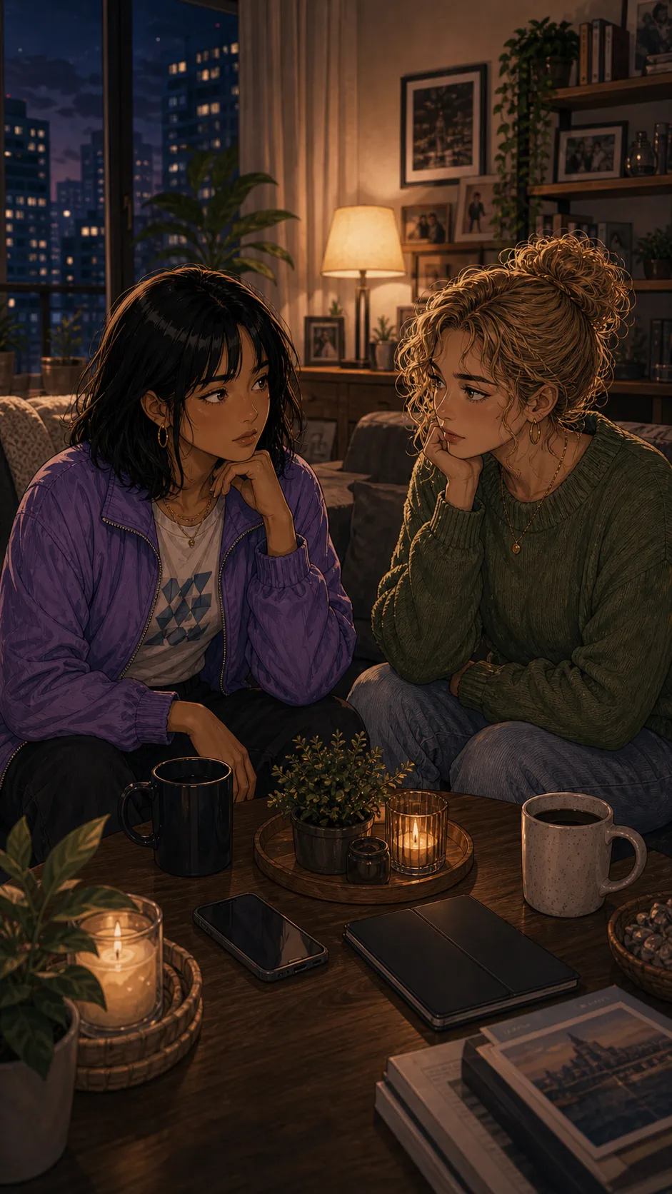 Maya and Lila sit with devices face down between them.