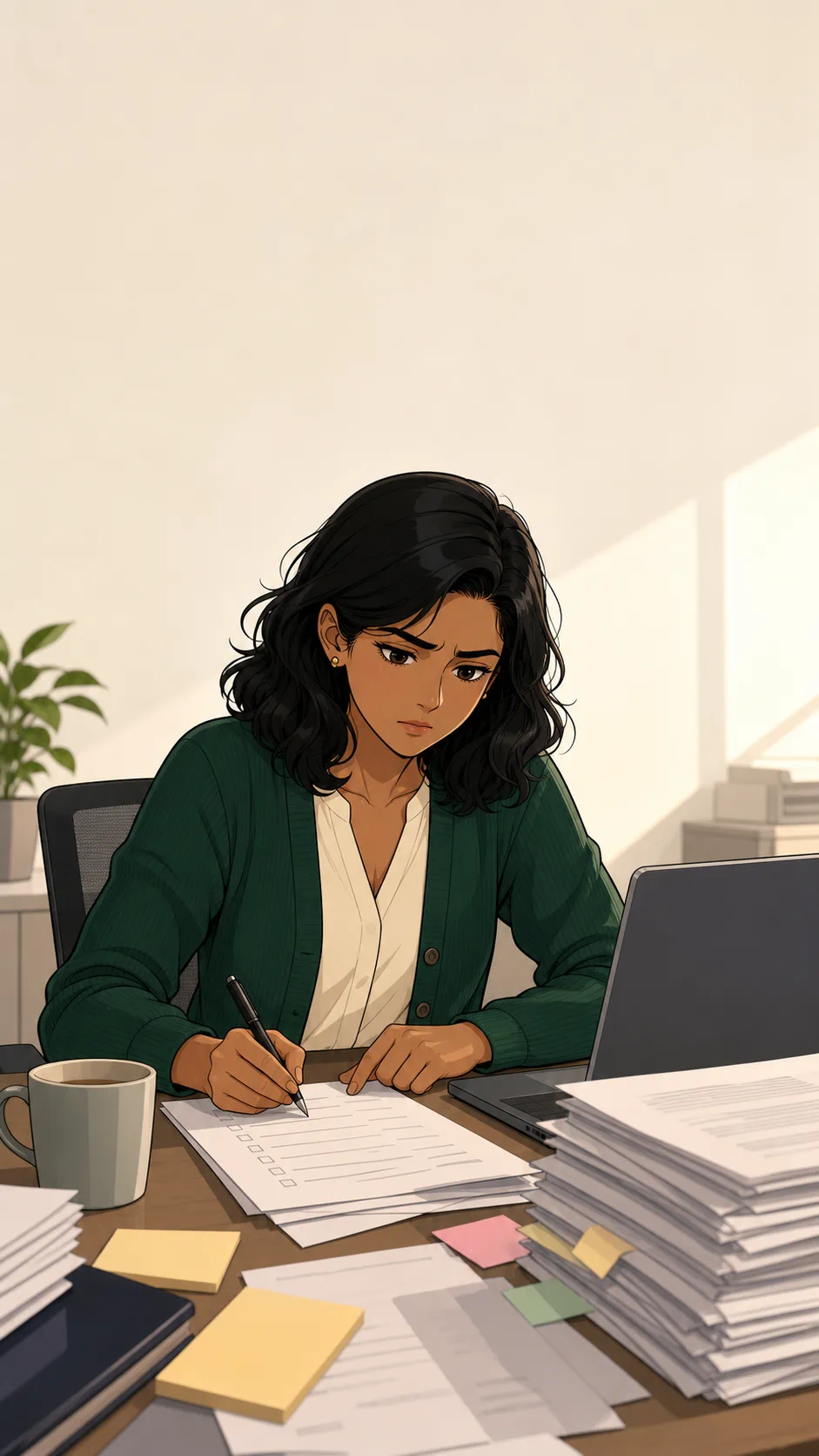 Priya works alone at a generic office desk with a blank laptop, unreadable papers, and sticky notes.
