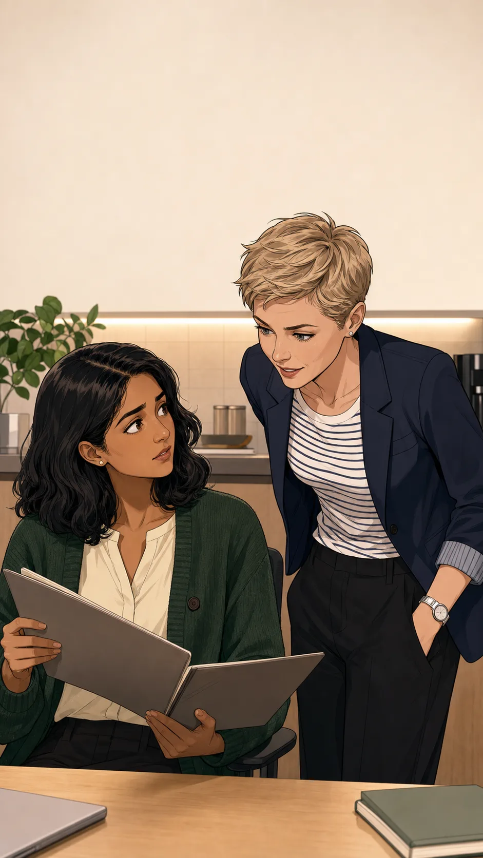 Elise leans toward Priya in a generic office nook while Priya hesitates with a blank folder.