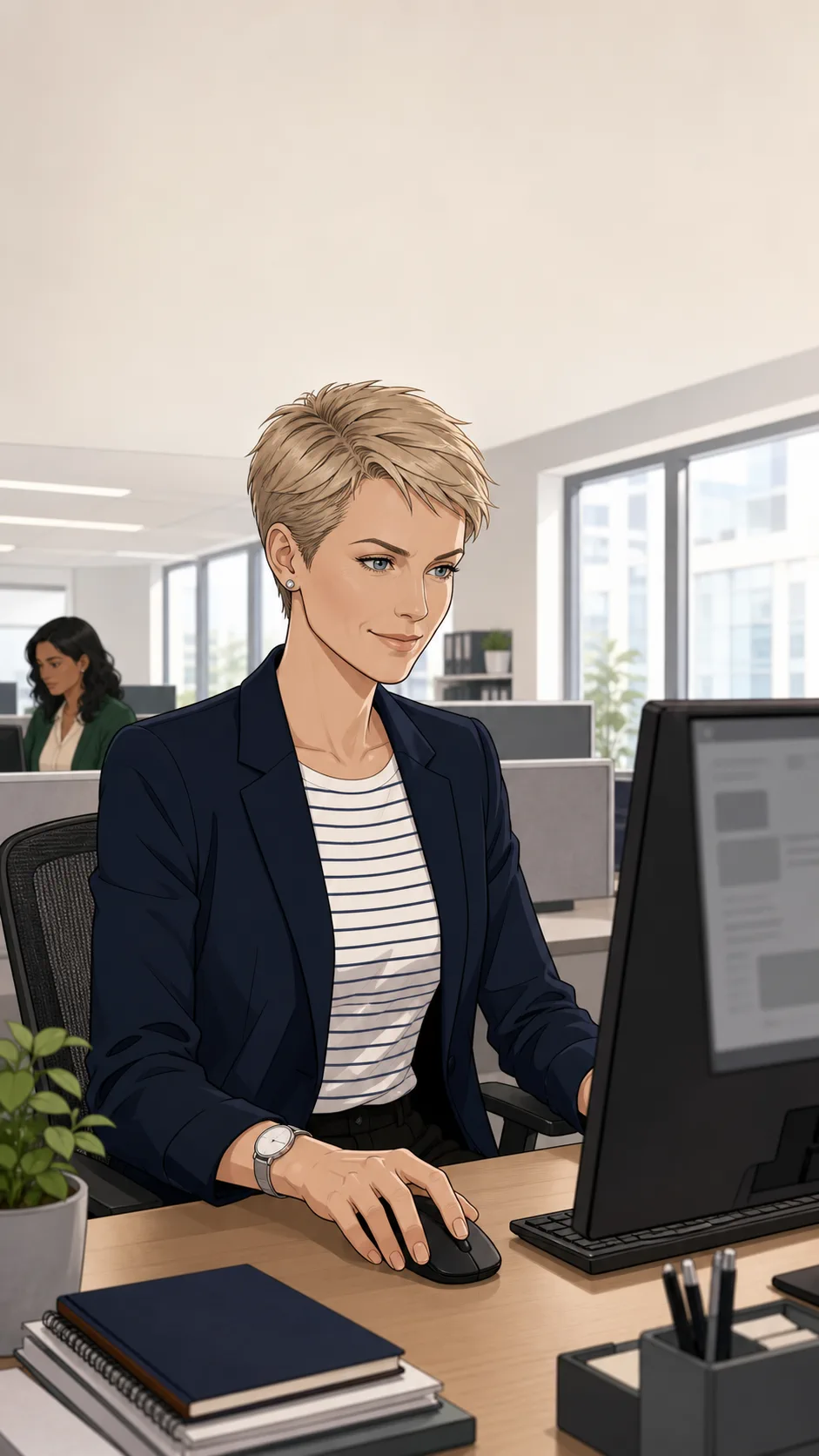Elise clicks at a generic office workstation while Priya is distant in the background and the screen is unreadable.