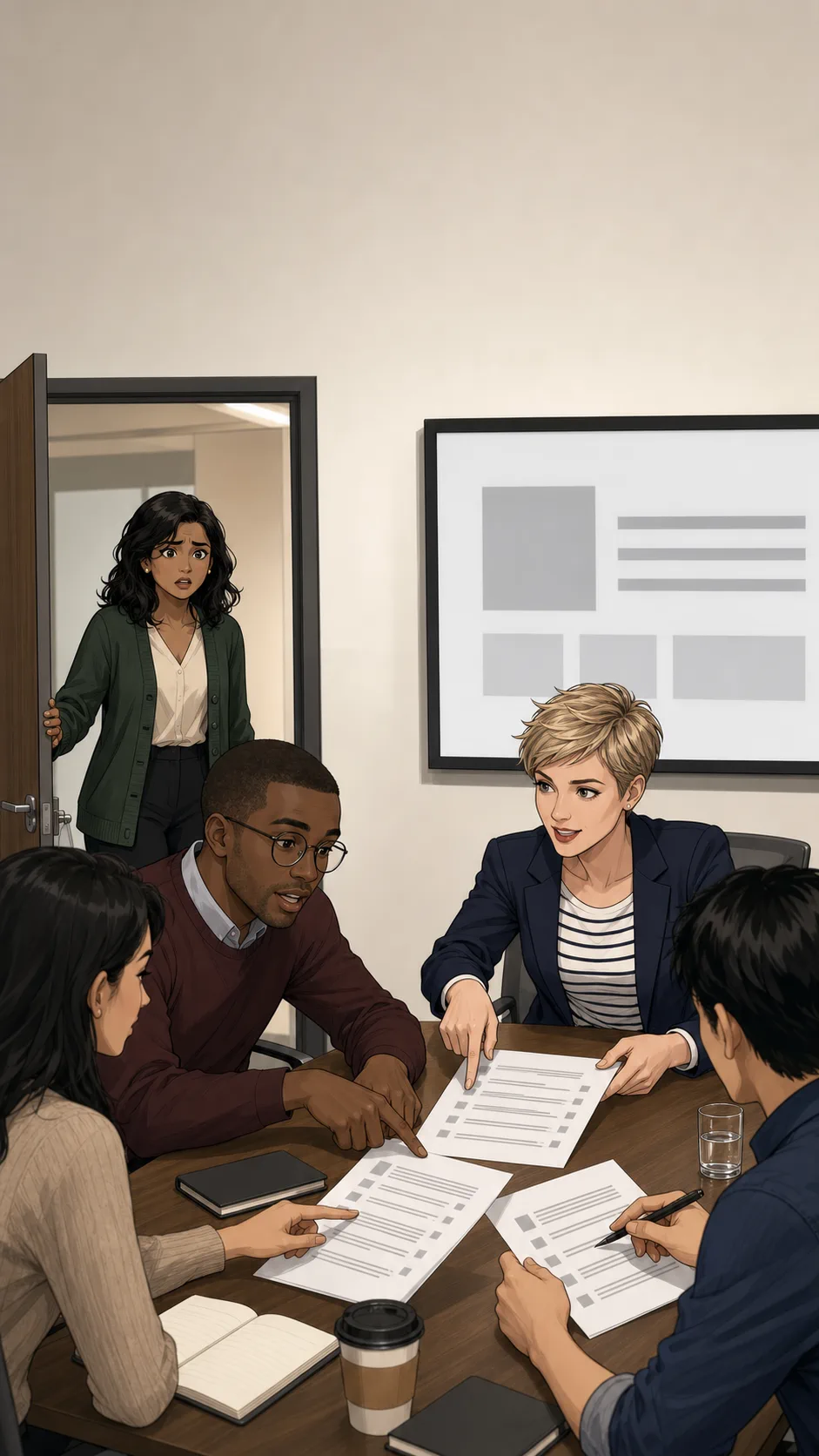 Priya freezes at a generic conference room doorway while coworkers use unreadable checklist pages around a meeting table.