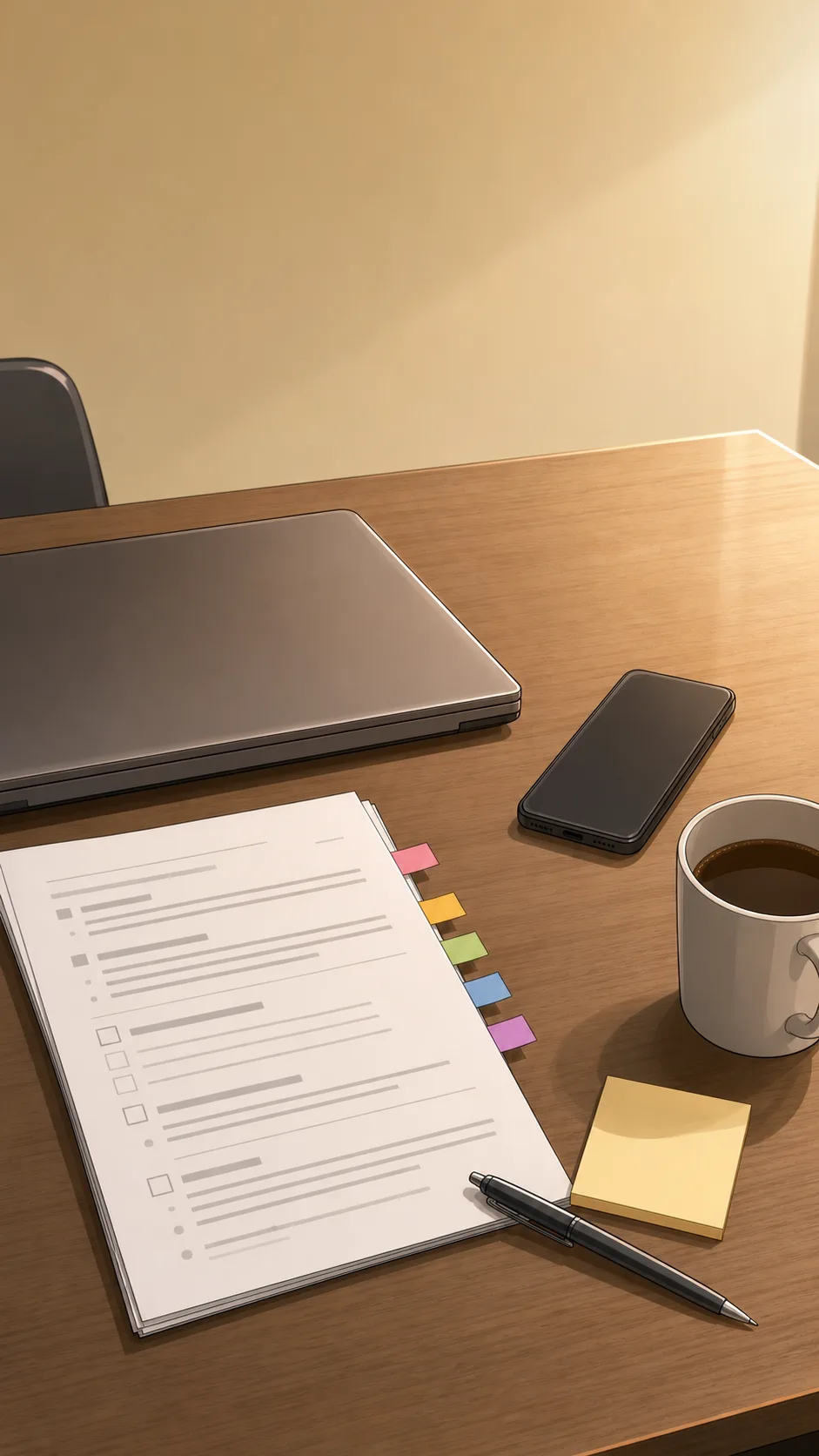 A generic office table holds a closed laptop, face-down phone, unreadable rough checklist pages, blank sticky notes, comment flags, and an unbranded pen.