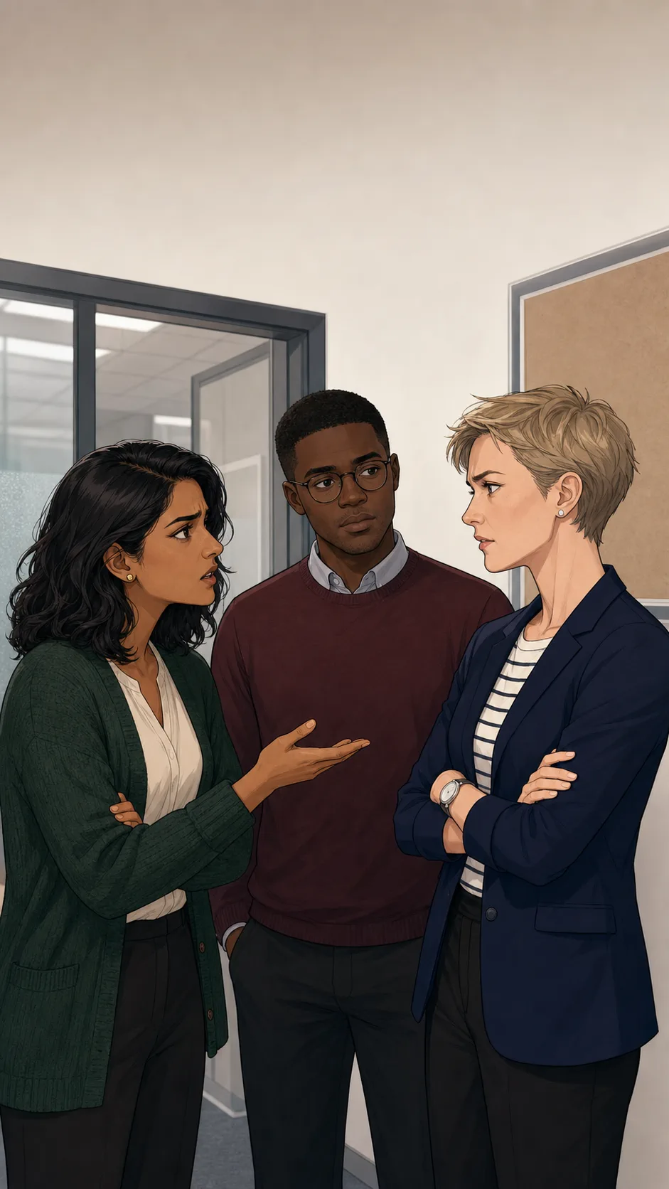 Priya confronts Elise in a generic office hallway while Marcus stands between them as a calm mediator.