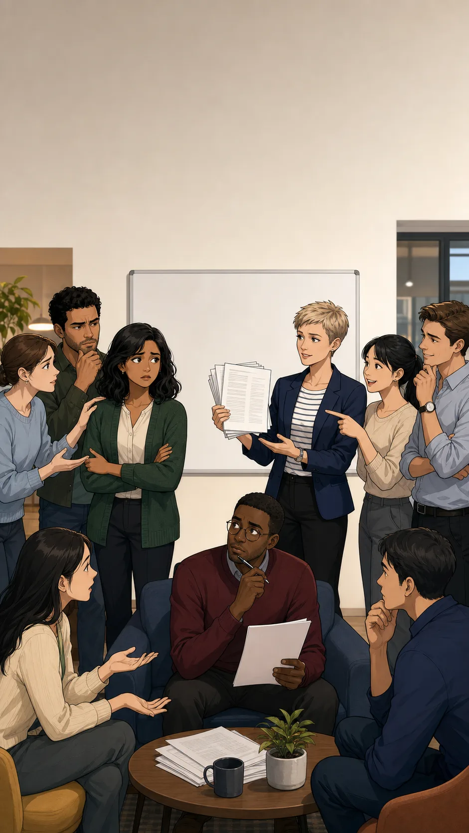 Priya, Elise, Marcus, and coworkers stand in a generic office lounge, split into three opinion clusters around unreadable papers.
