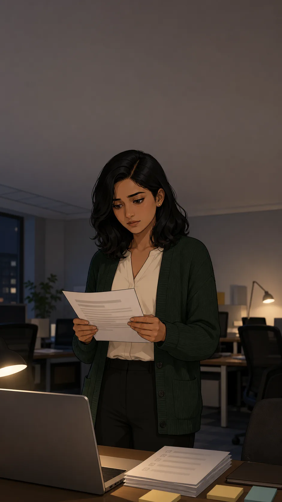 Priya stands alone in a quiet generic office after hours holding an unreadable cleaned-up printout.