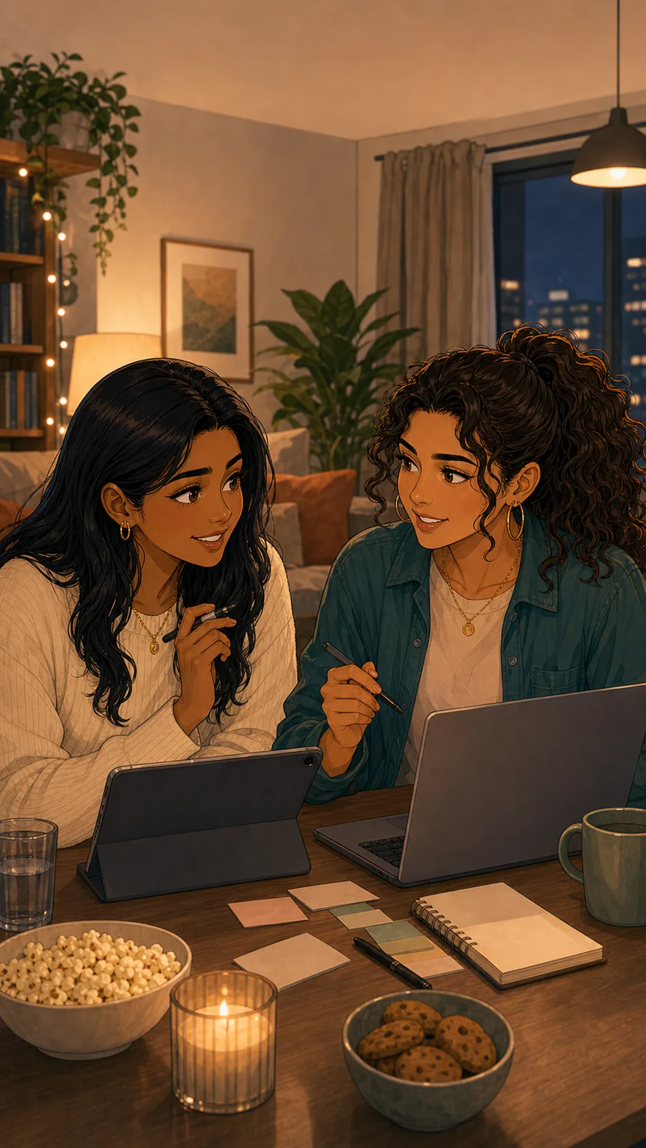 Ava and Priya plan a birthday weekend at an apartment table.