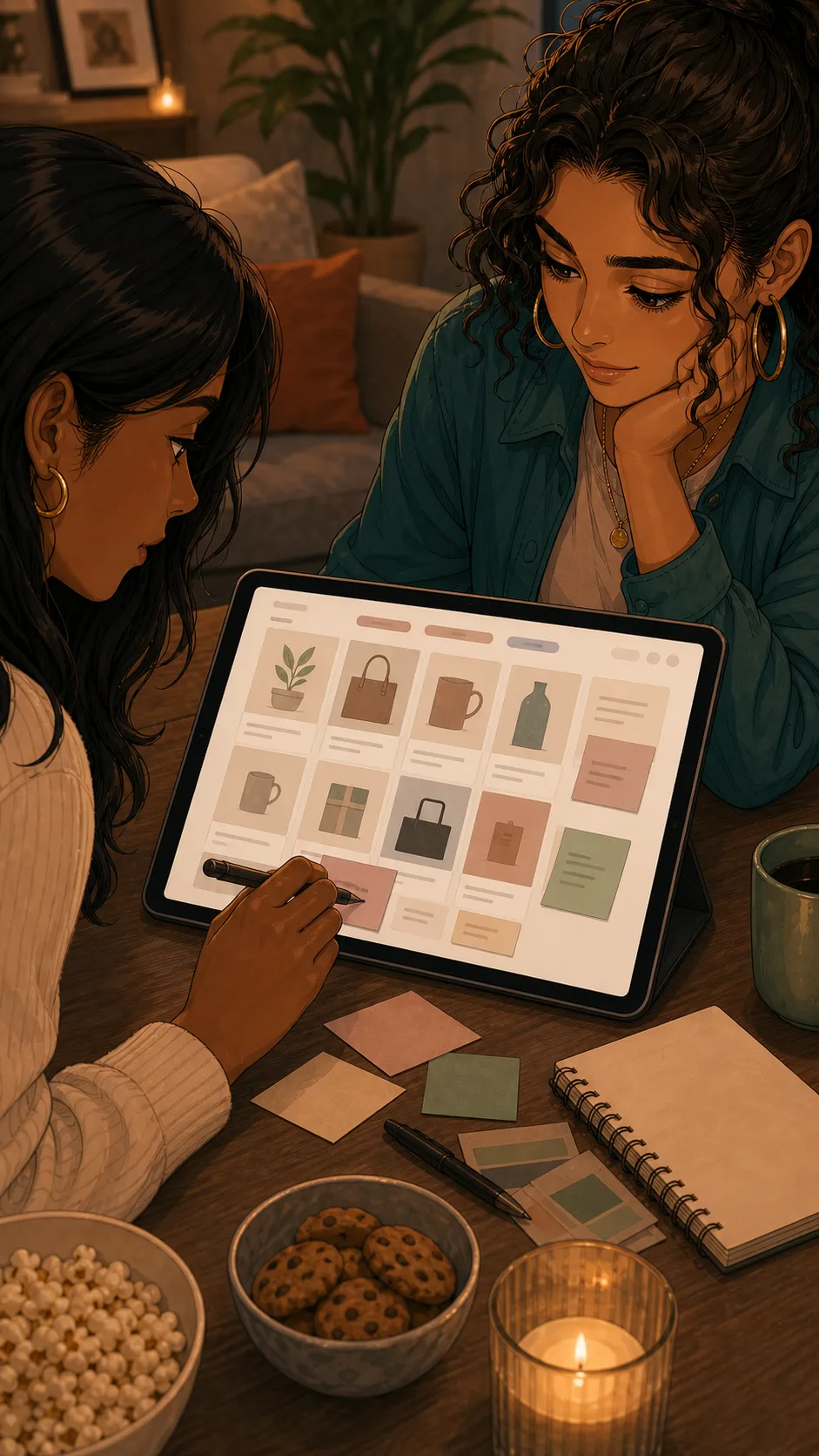 A tablet shows an unreadable shared wishlist planning board.