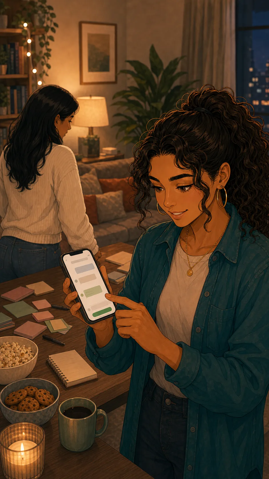 Priya sends the wishlist link from her phone while Ava is unaware.