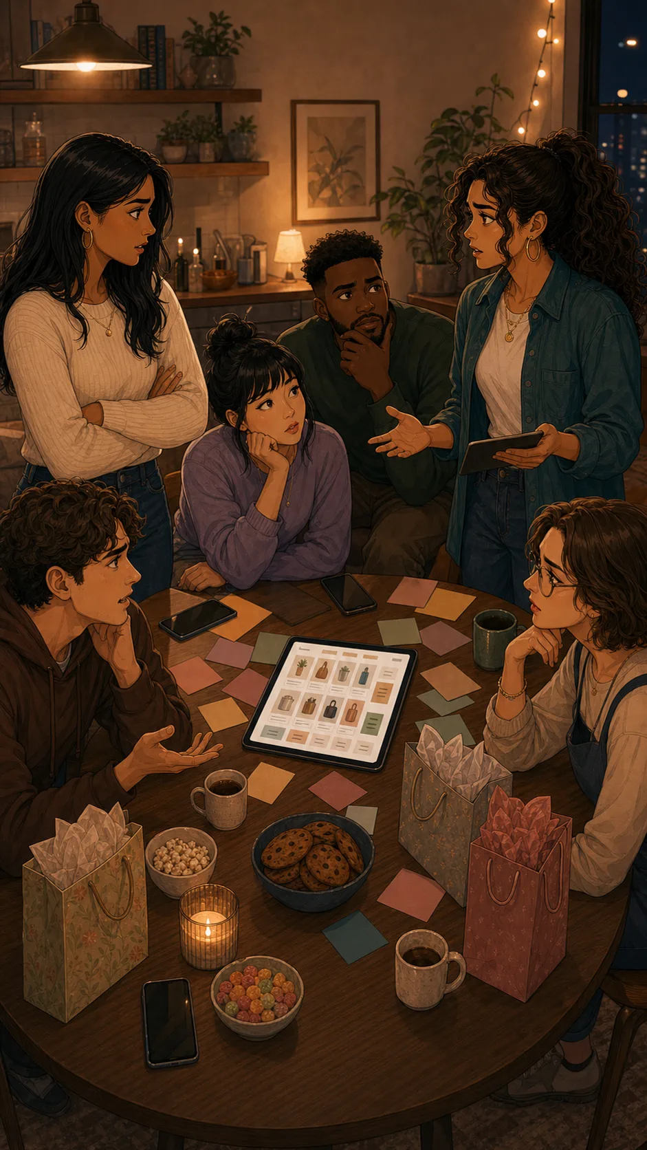 Friends split around a planning table over the public wishlist link.