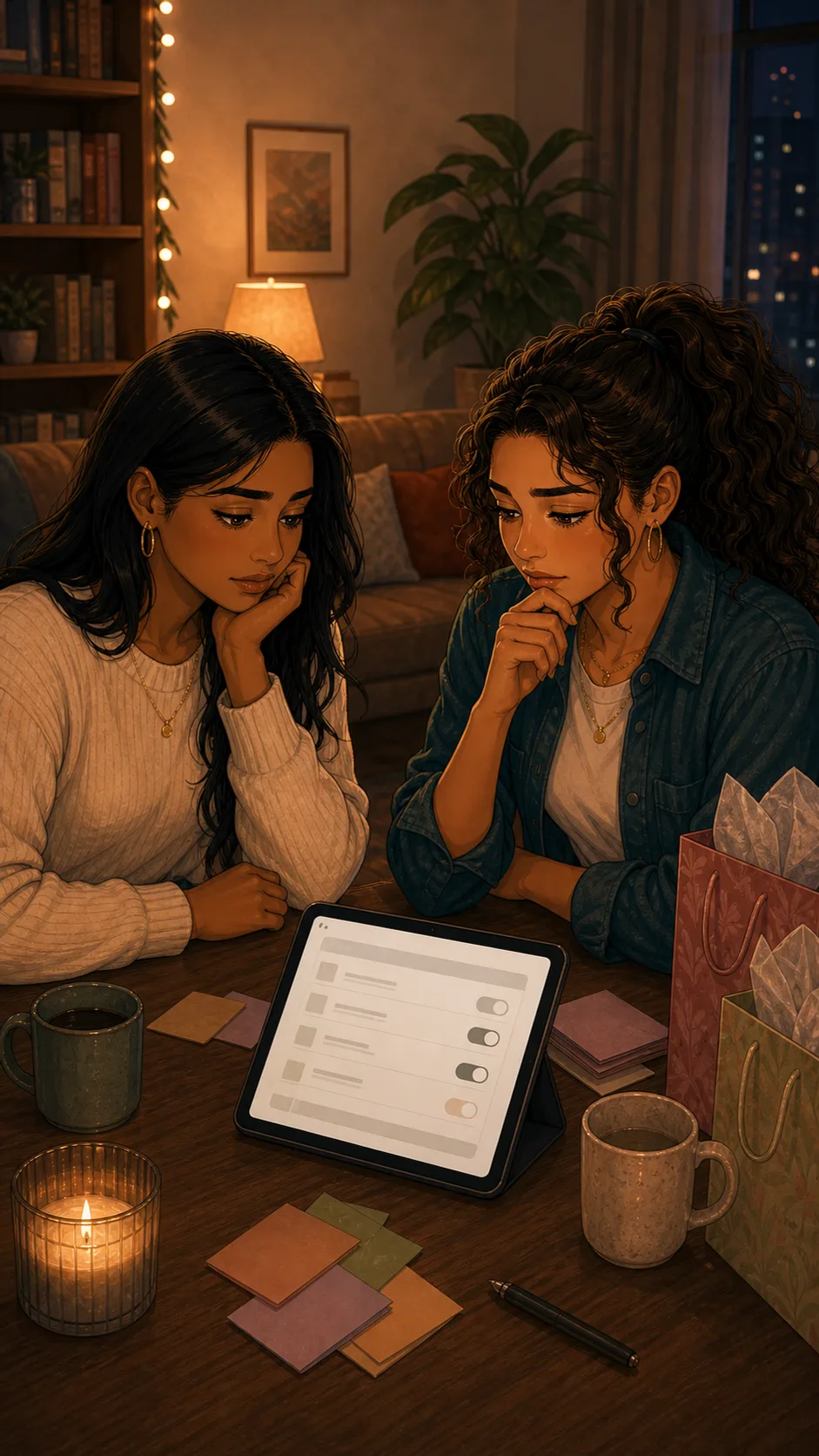 Ava and Priya review the wishlist privacy settings together.