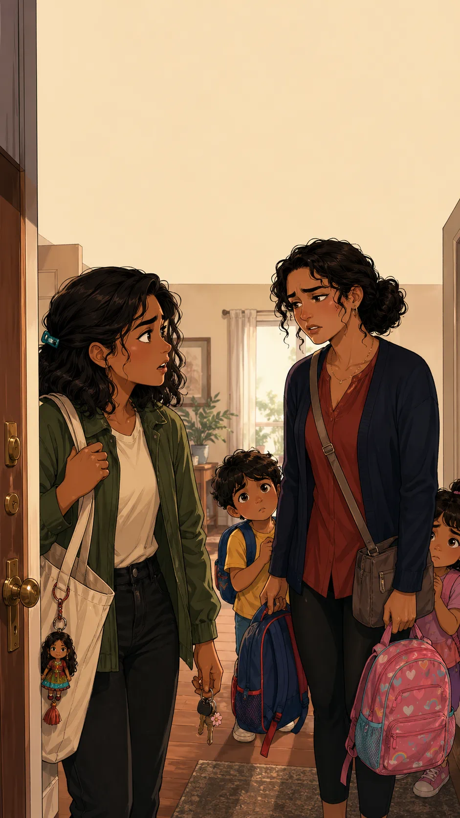 A fictional older sister stands in an apartment doorway with kid backpacks while her younger sister holds keys and a tote bag.