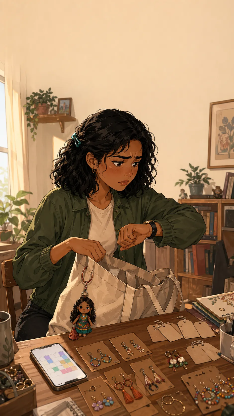 A fictional young woman checks a phone beside a packed tote of handmade market items.