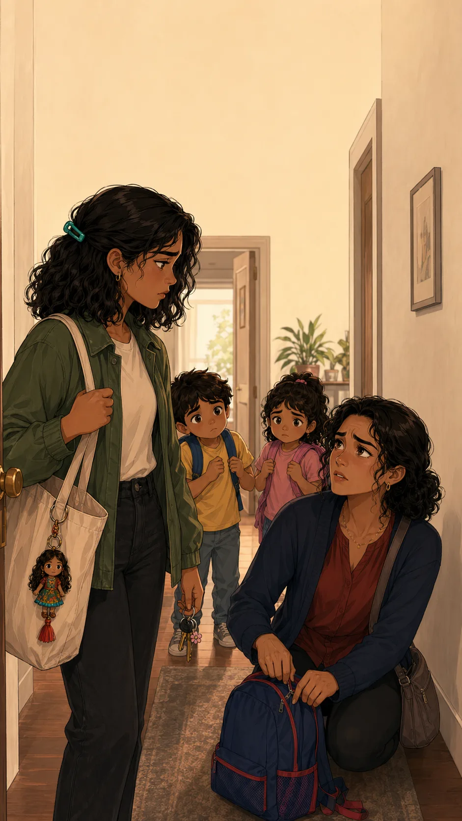 A fictional older sister zips a child's backpack while asking her younger sister for help in an apartment hallway.