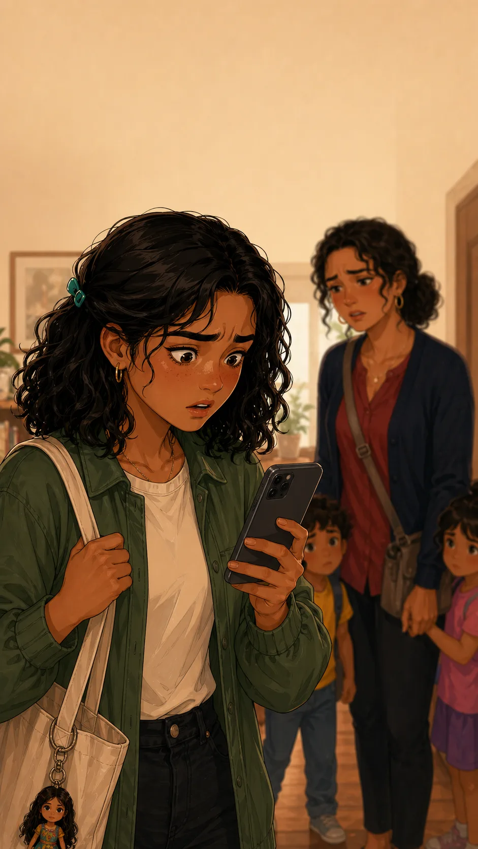 A fictional young woman looks shocked while holding a phone with an unreadable calendar-style screen.