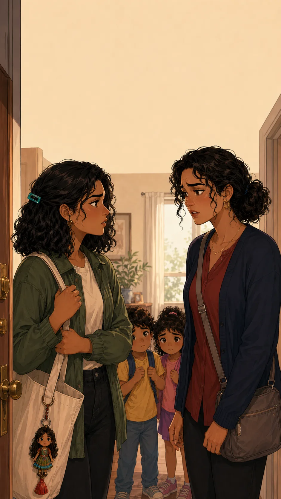 Two fictional sisters face each other in an apartment doorway, one holding a tote bag and the other carrying a diaper bag.
