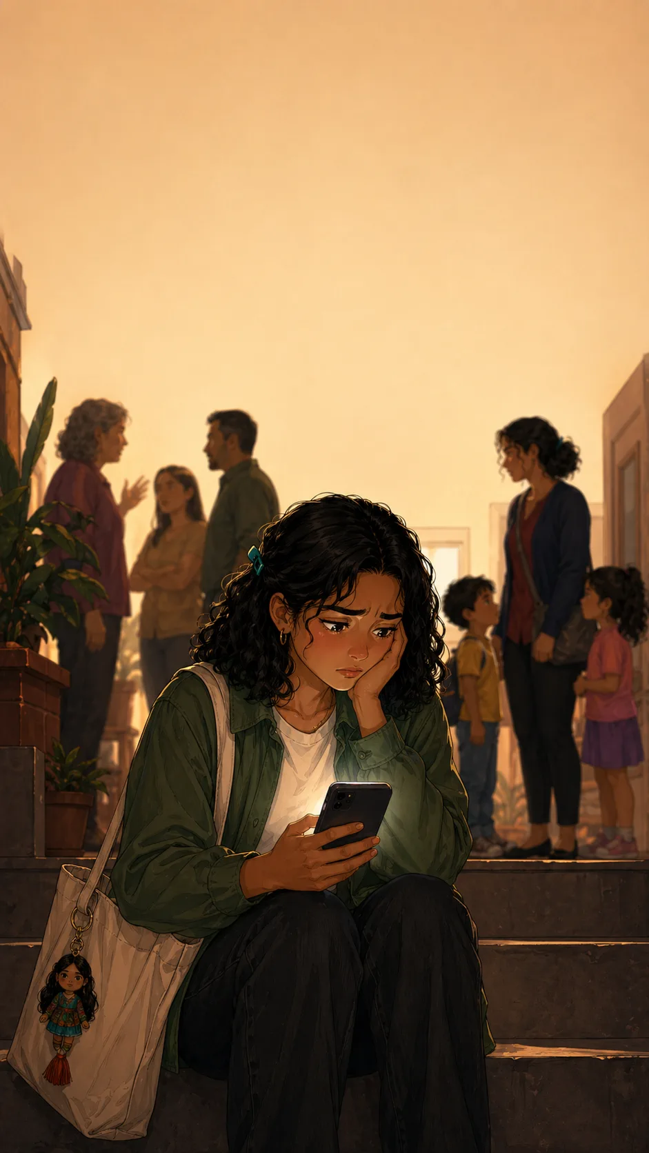 A fictional young woman sits on apartment steps looking at a phone while abstract message blocks float around her.