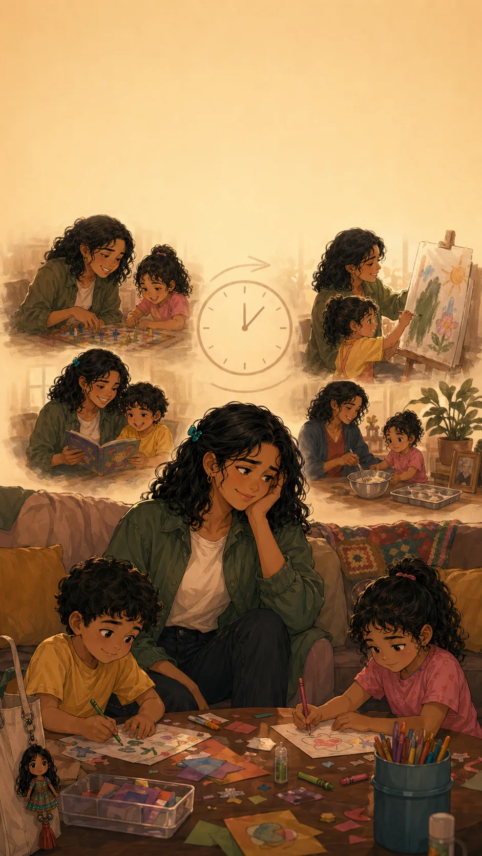 A fictional young aunt sits with children and craft supplies in a soft flashback-style living room scene.