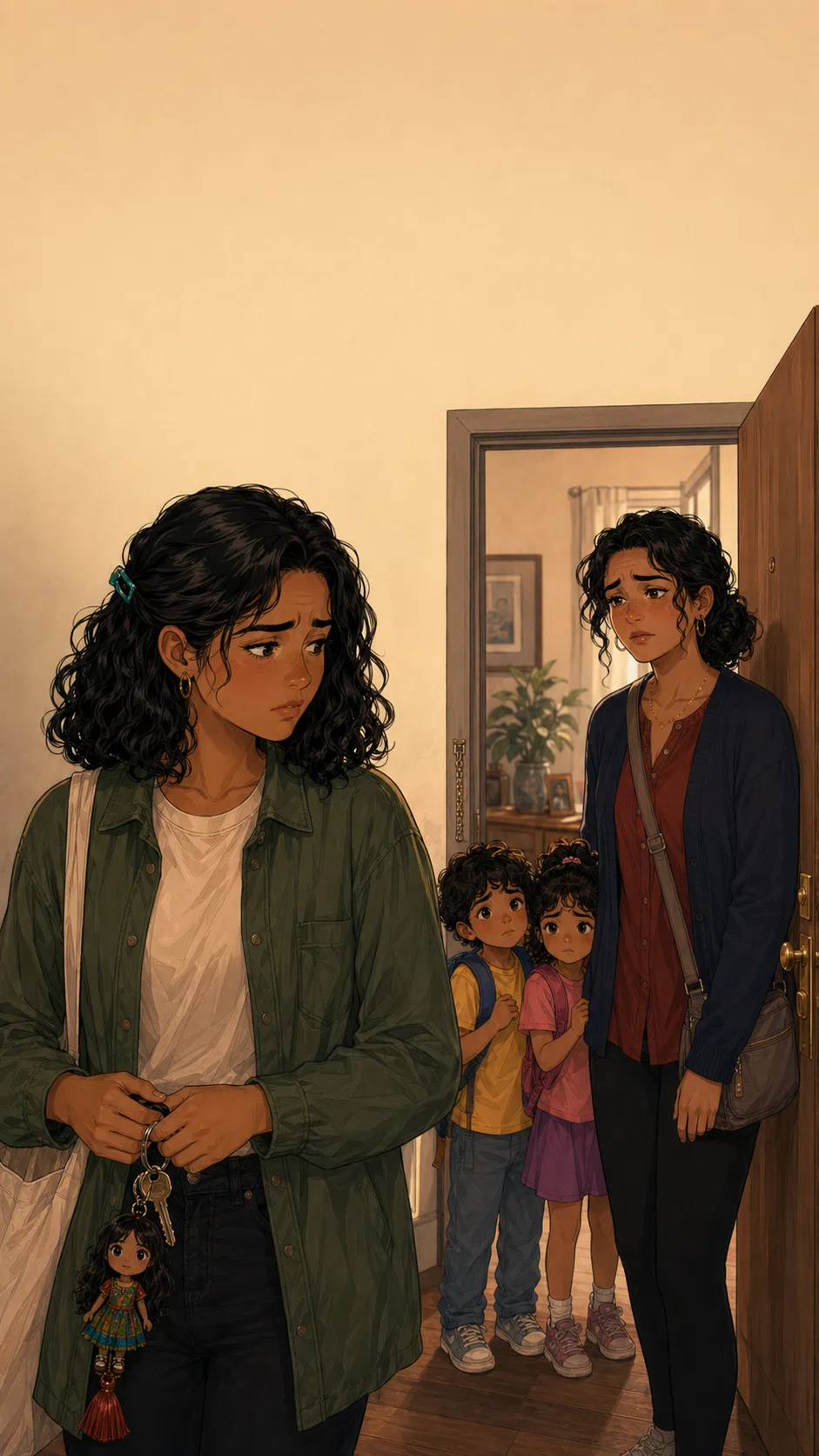 A fictional young woman looks conflicted at an apartment doorway while her older sister waits with kid backpacks.