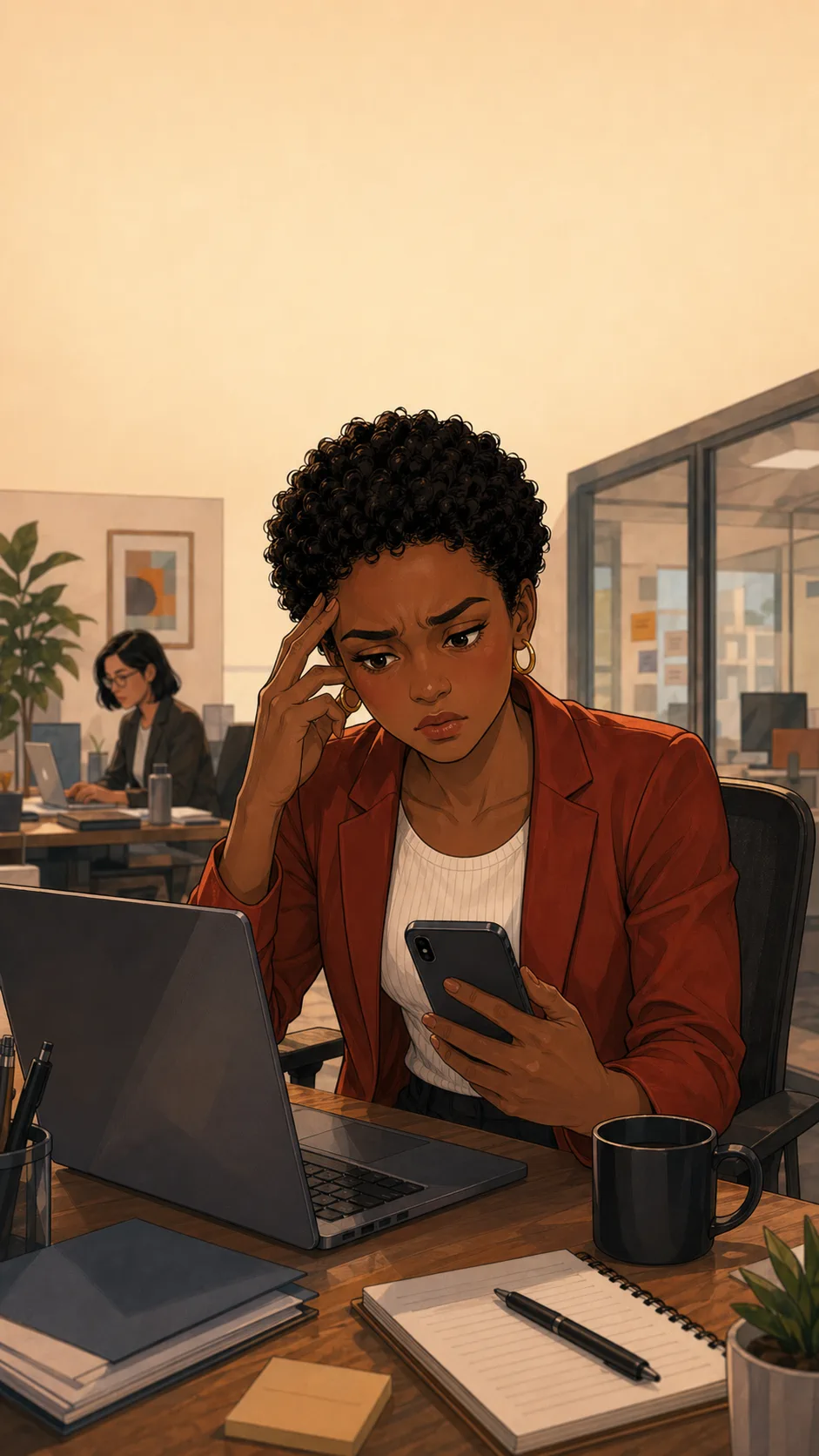 A fictional project coordinator sits at an office desk looking worried at a phone and laptop.