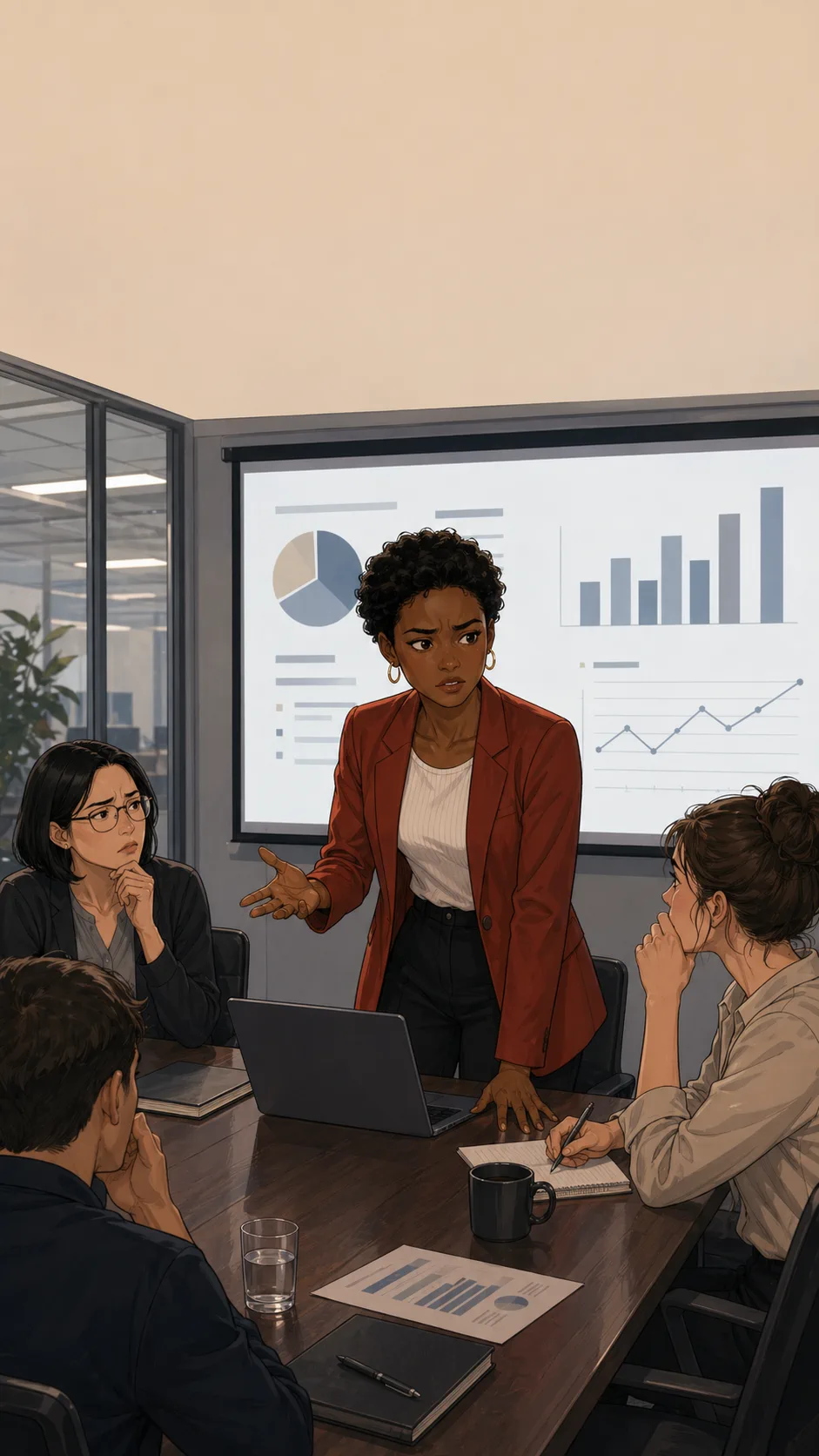 A fictional coworker presents in a conference room while teammates watch tensely.