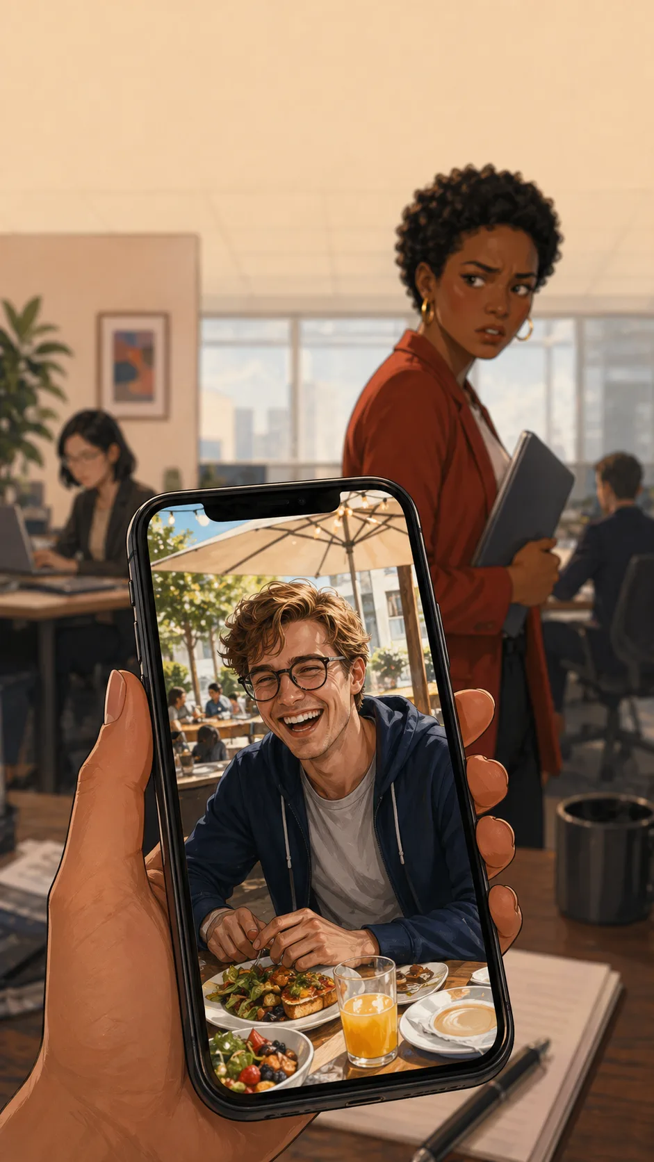 A fictional coworker's phone shows an unreadable social story image of a coworker at brunch.