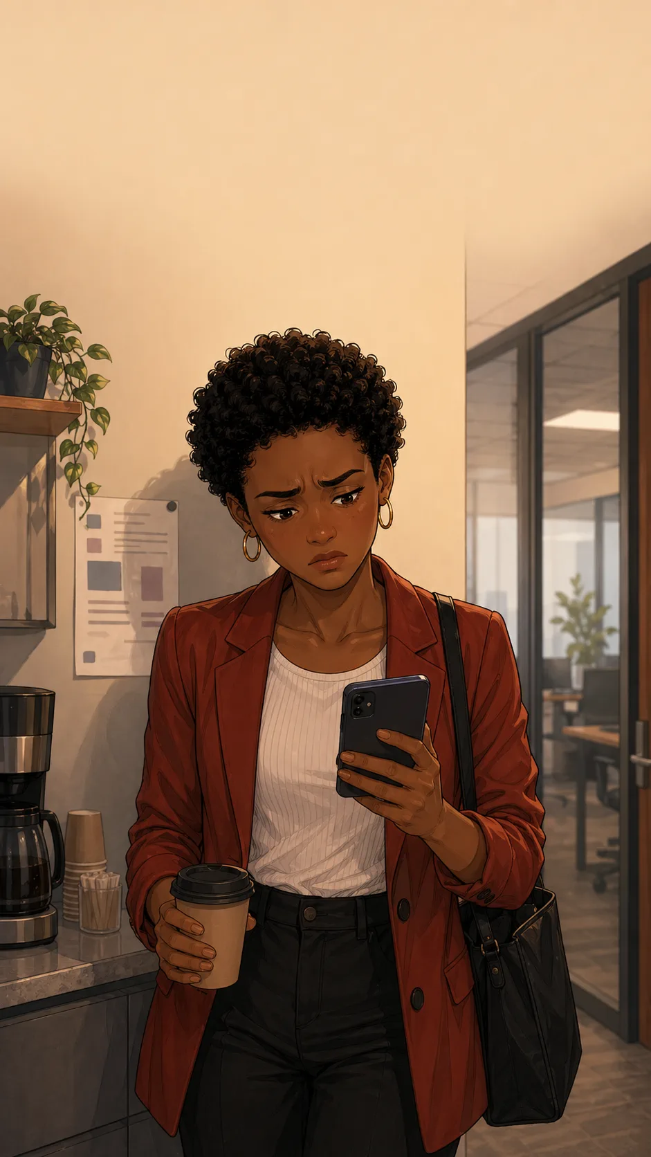 A fictional coworker stands in an office hallway looking exhausted at a phone.