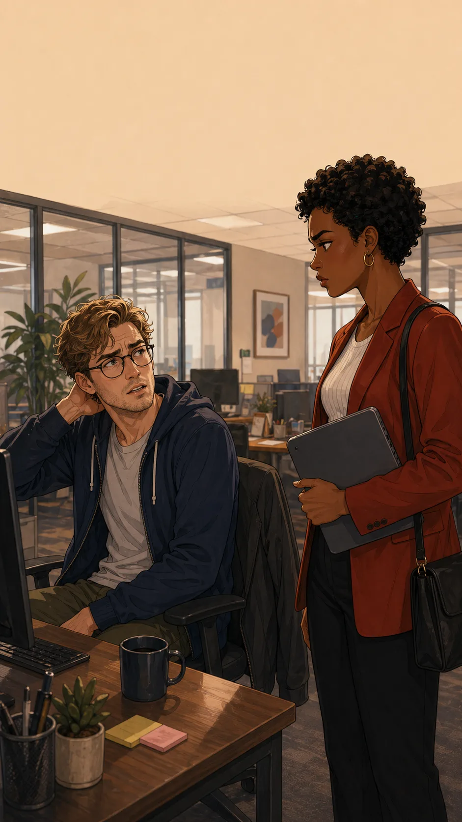 Two fictional coworkers talk tensely near an office desk the morning after a missed demo.