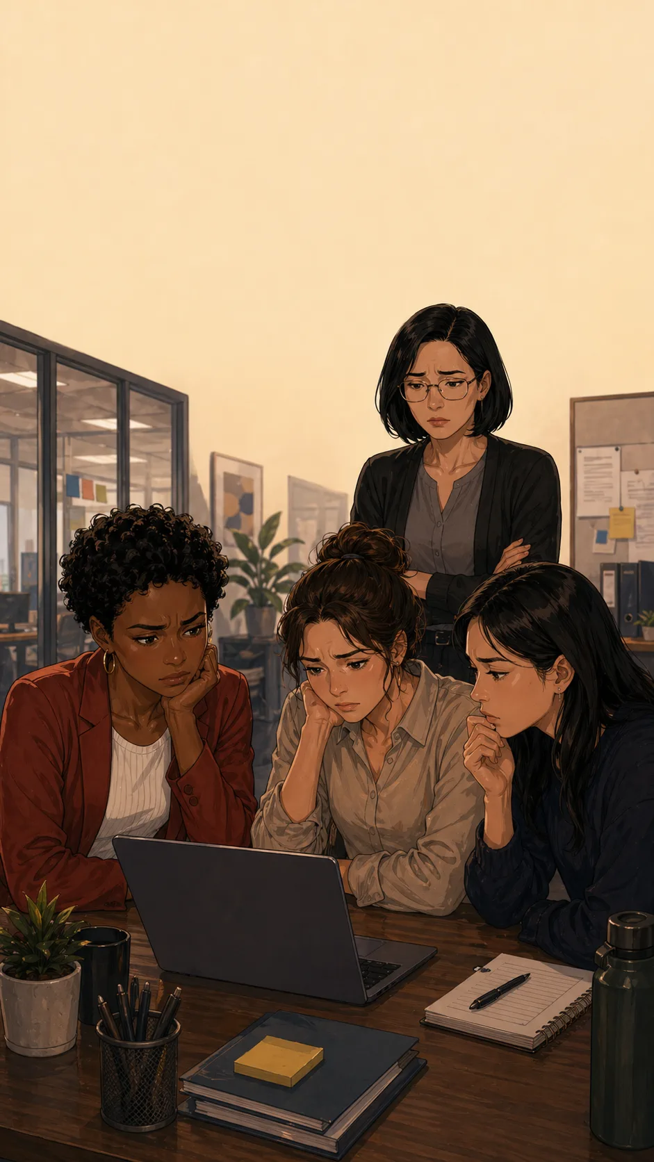 Fictional coworkers gather around a laptop with abstract unreadable message shapes nearby.