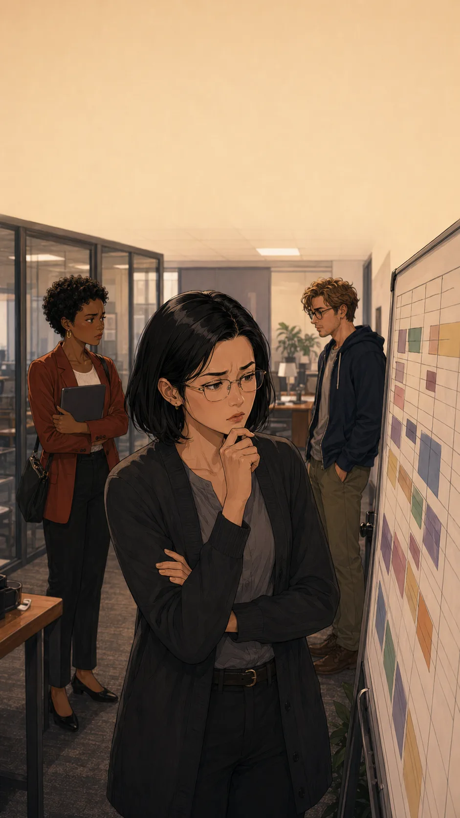A fictional manager studies an unreadable schedule board while two coworkers stand apart in the background.