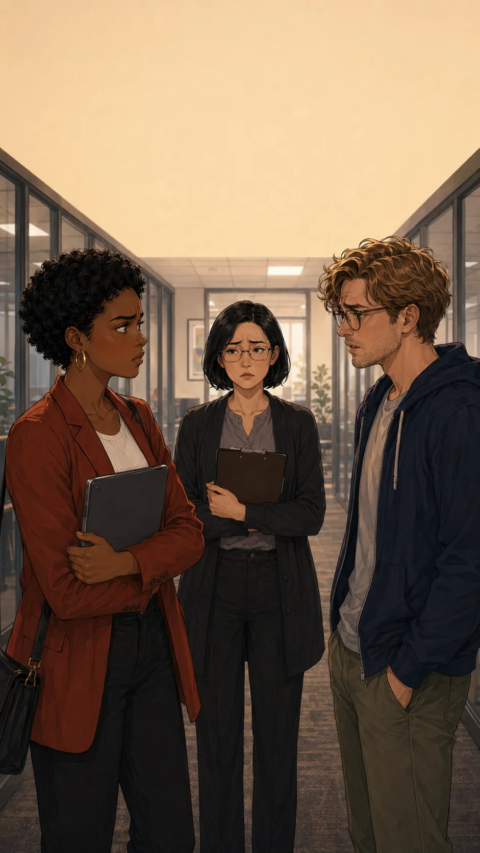 Three fictional coworkers stand tensely in an office hallway after a sick day conflict.