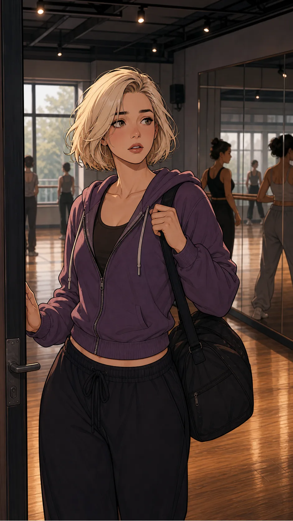 Sloane enters a community dance studio looking nervous.