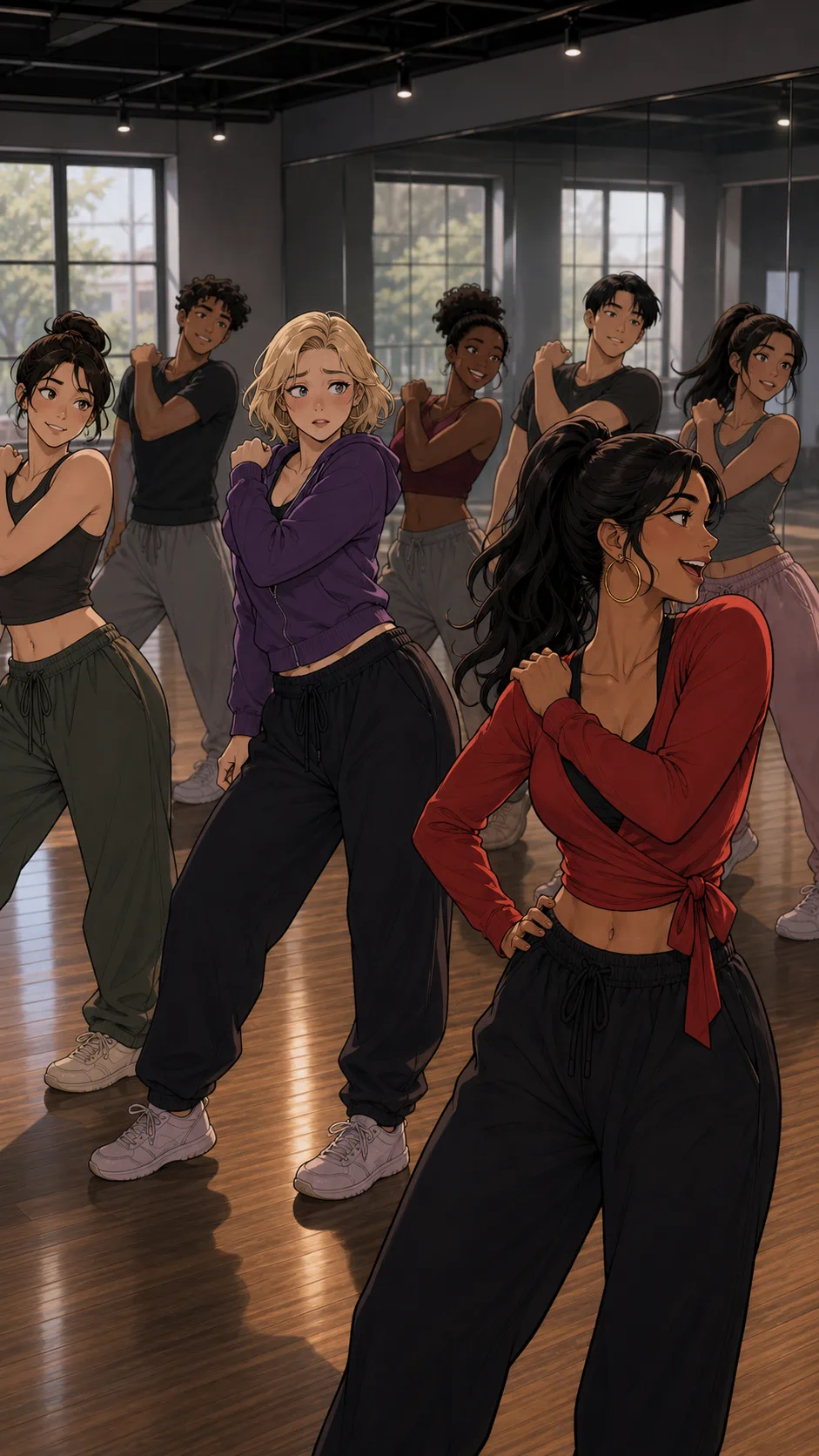The dance class practices Sloane's warm-up move together.