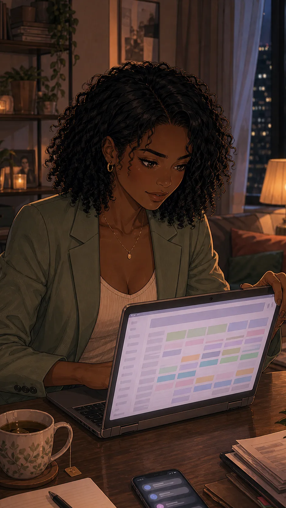 A cozy apartment table with Mara opening a laptop, a generic spreadsheet visible only as abstract blocks.