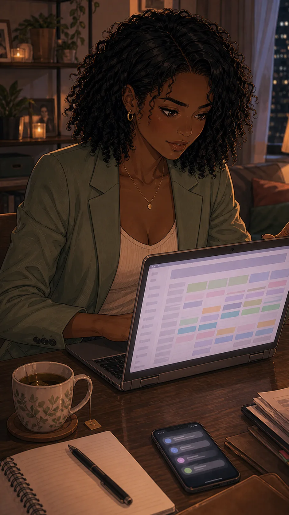 Mara leans closer to the laptop, face tightening as she notices a highlighted money row with no readable text.