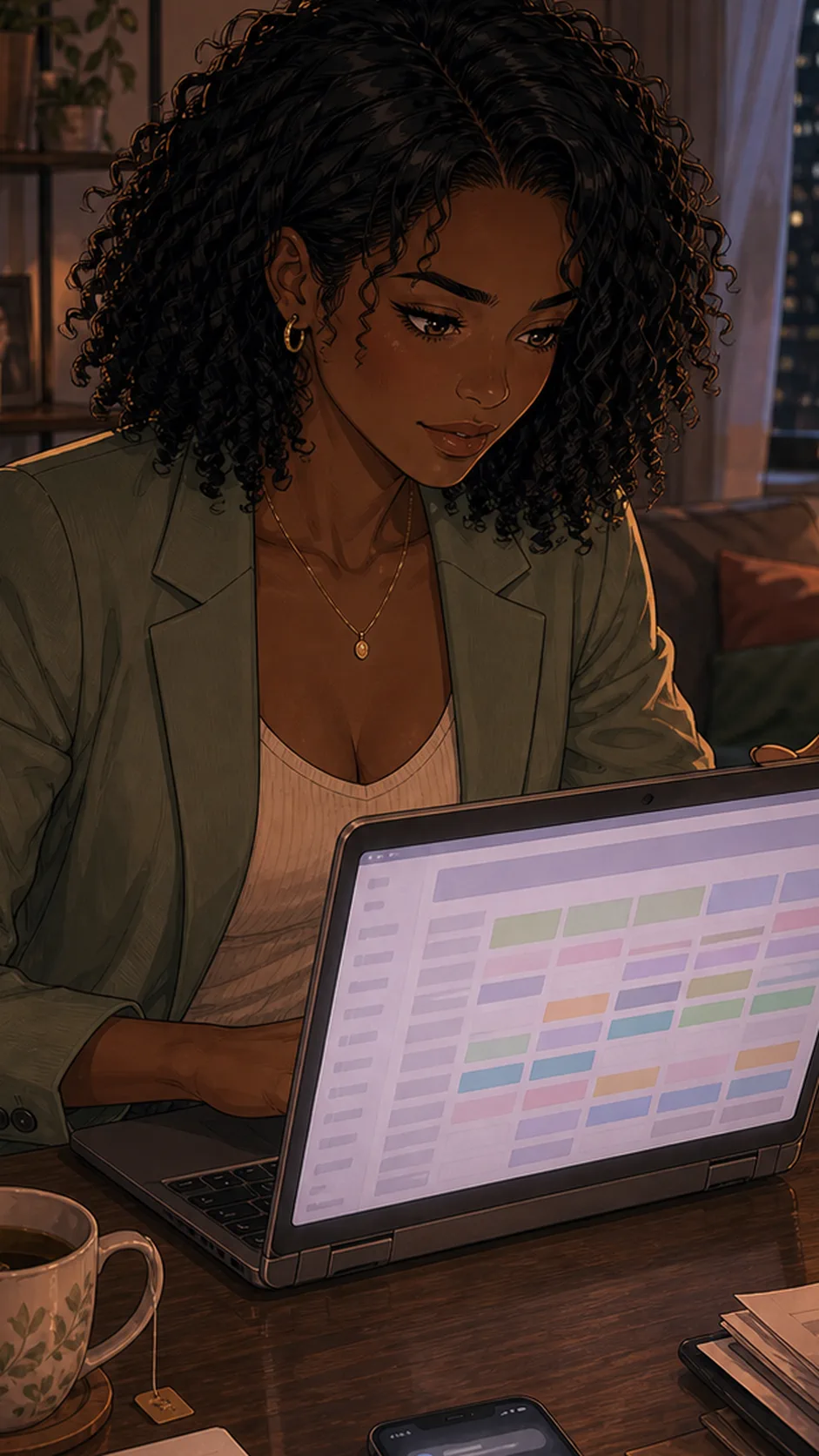 Family members in a generic group video call react warmly while Mara sits frozen, laptop glow on her face.