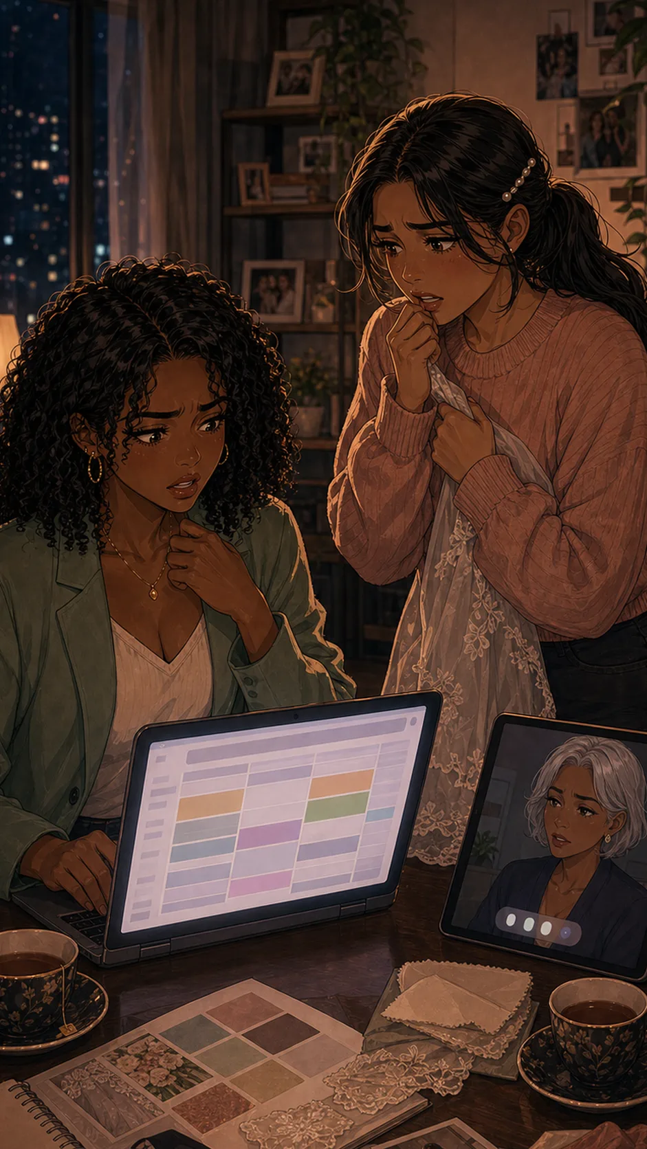 Lina, excited and stressed in a blush sweater, stands beside wedding samples and a laptop with abstract rows.