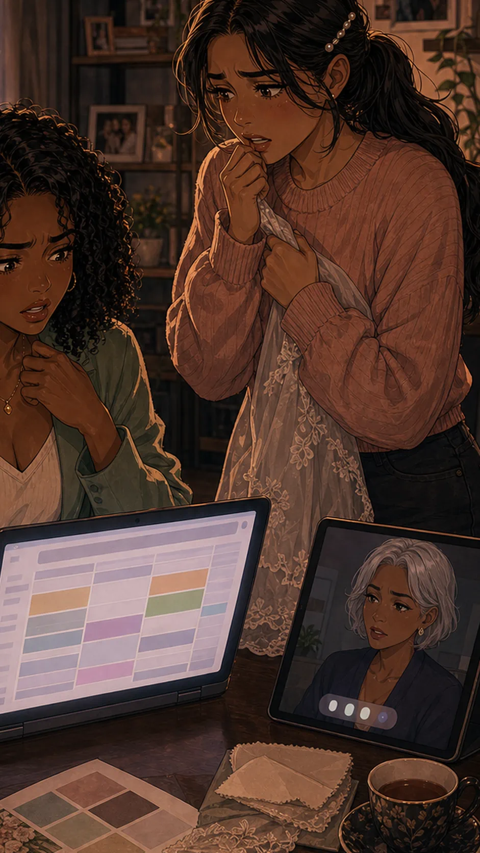 Close view of abstract spreadsheet blocks and a tiny highlighted note shape, reflected in Mara's worried eyes.
