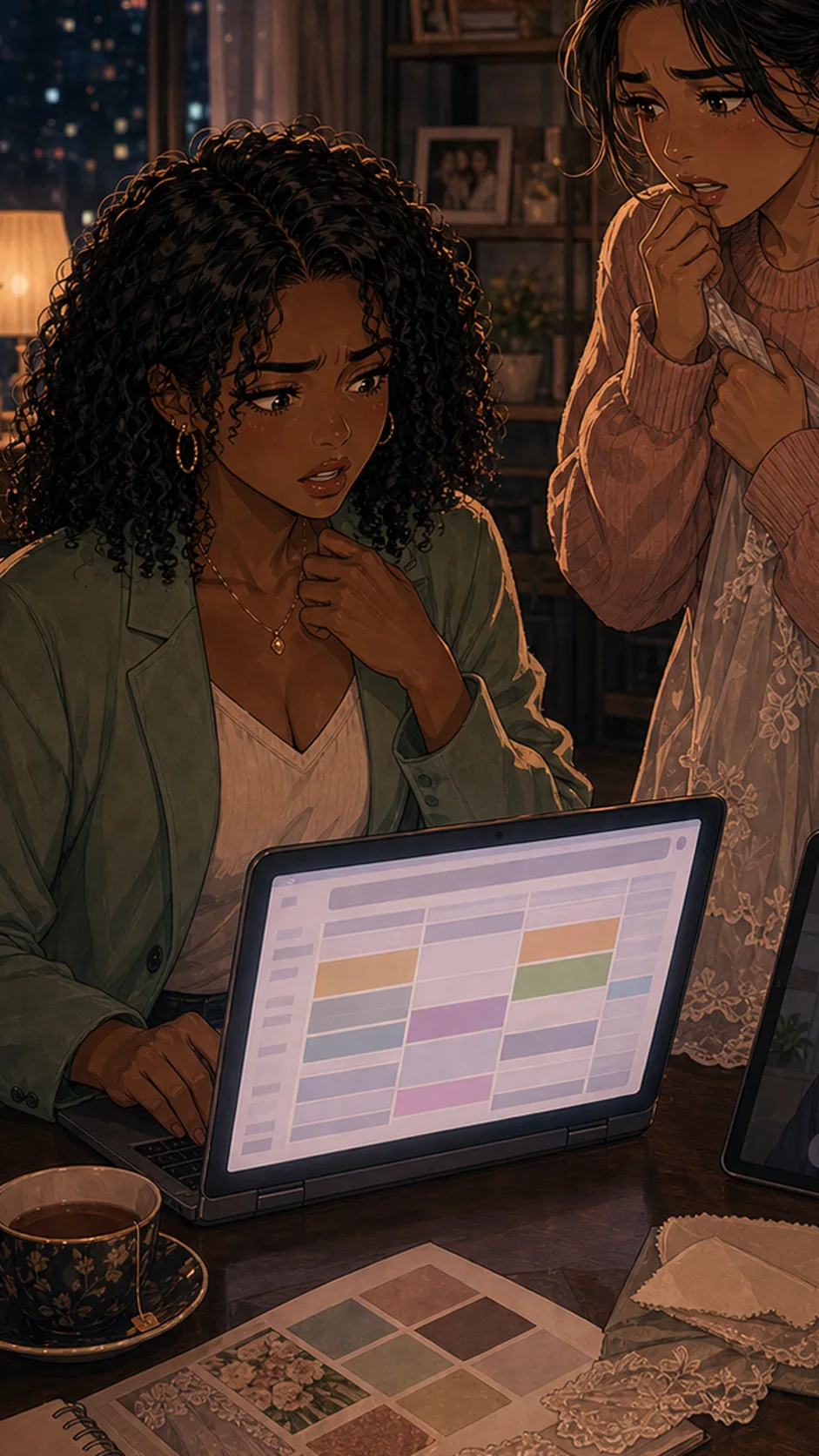Mara and Lina sit at a kitchen table with tea, both calmer but still hurt.