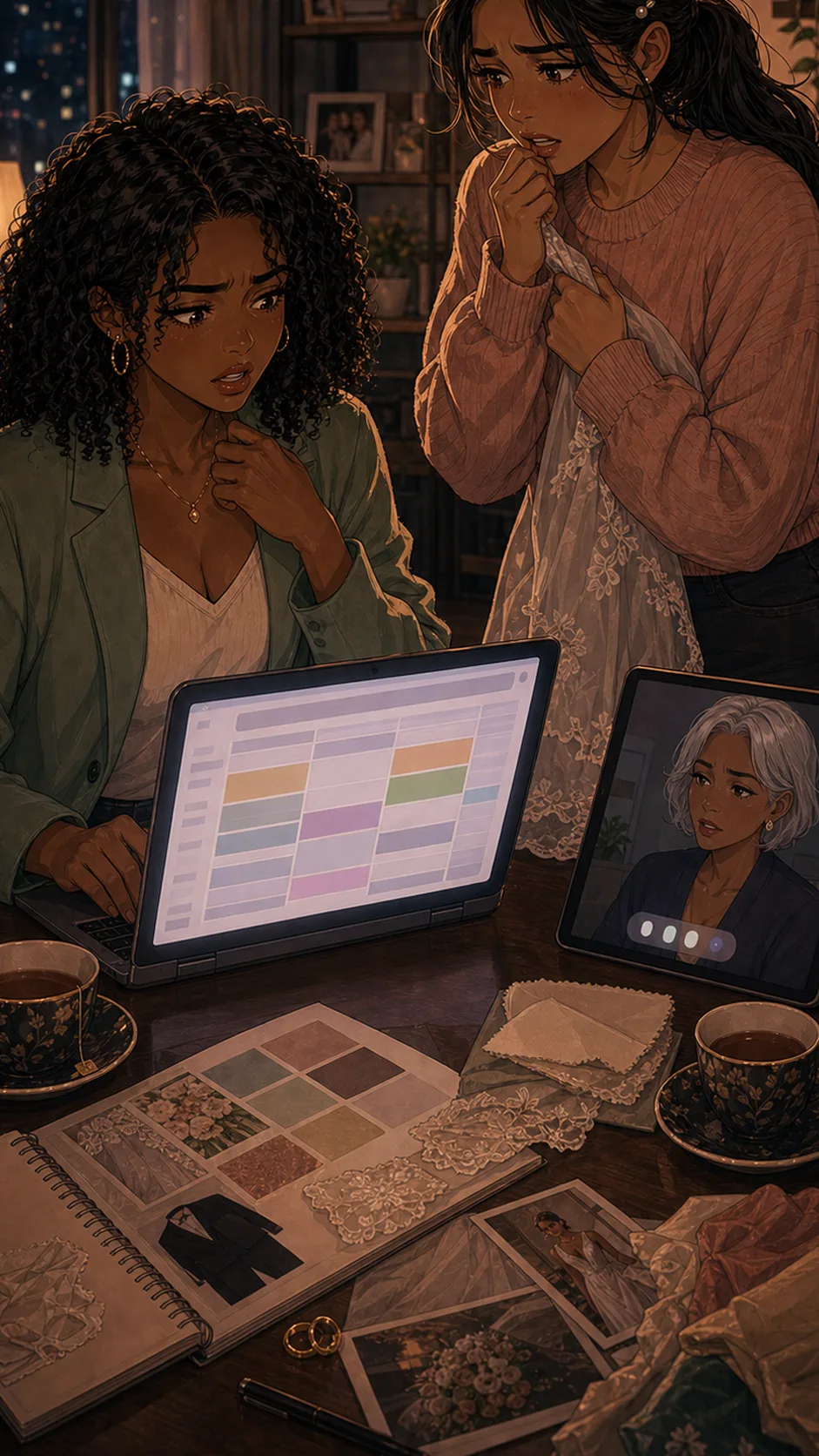 The sisters look at a blank budget page together, family mediator aunt nearby.
