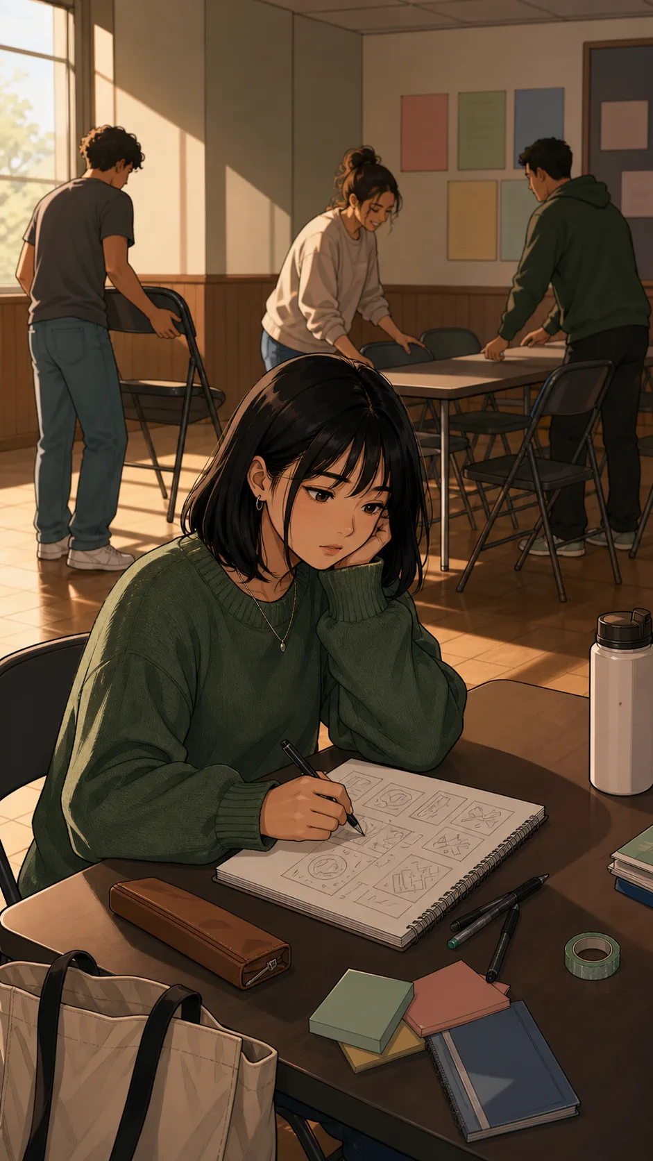 Leni sketches abstract shapes in a notebook during club setup.