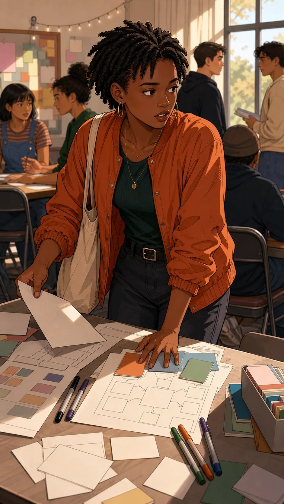 Eva prepares blank scavenger hunt clue sheets at a community club table.
