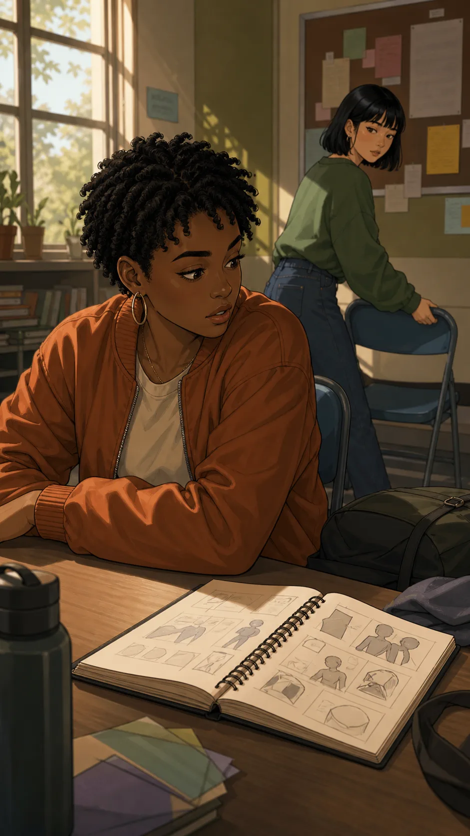 Eva notices Leni's open notebook with an abstract sketch.