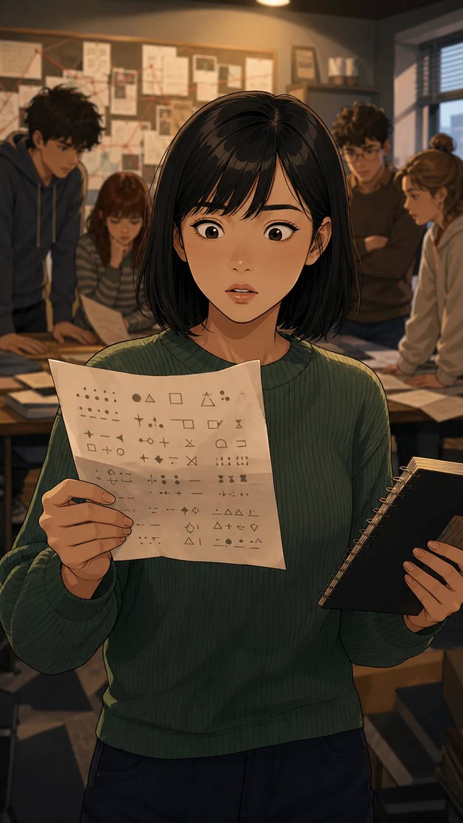 Leni recognizes her notebook sketch copied onto a clue sheet.