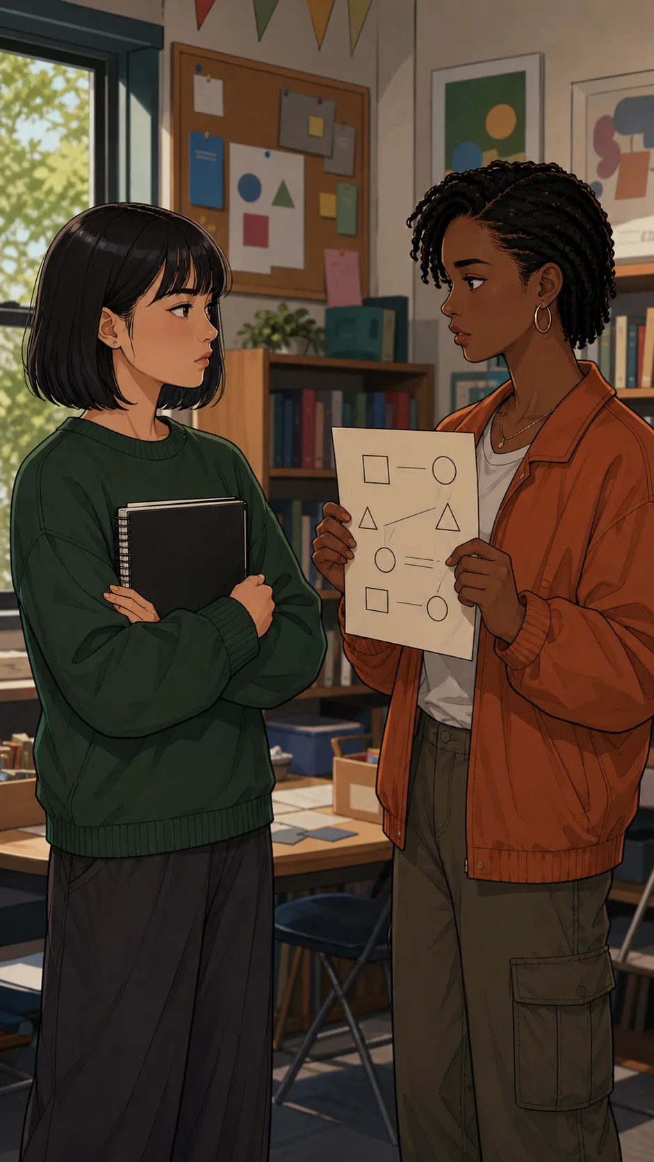 Leni and Eva discuss the copied scavenger hunt clue.