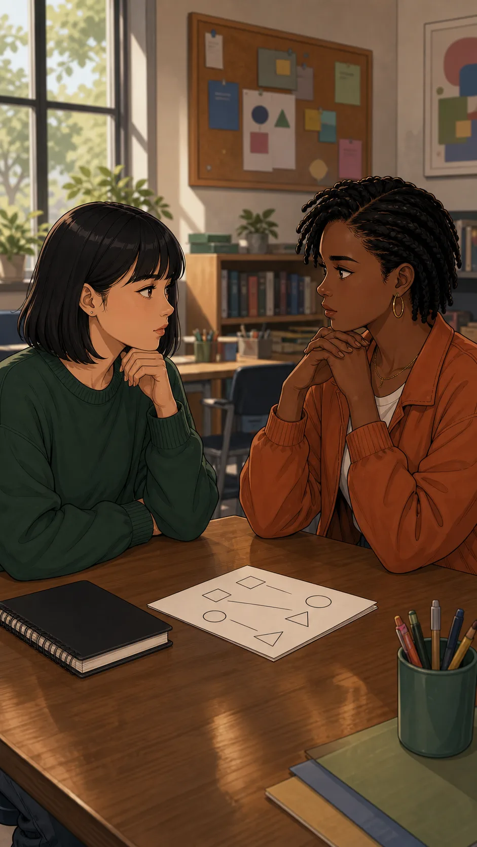 Leni and Eva sit thoughtfully with a notebook and clue sheet between them.