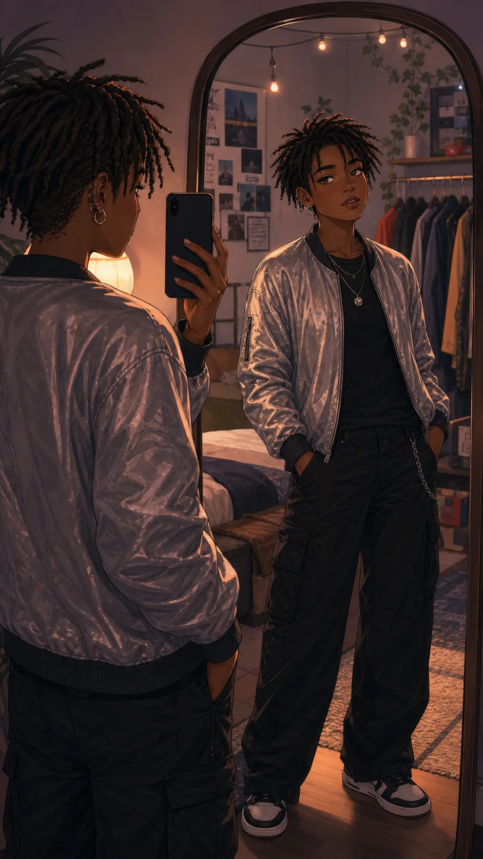 Dani records a quick outfit check in a bedroom mirror.