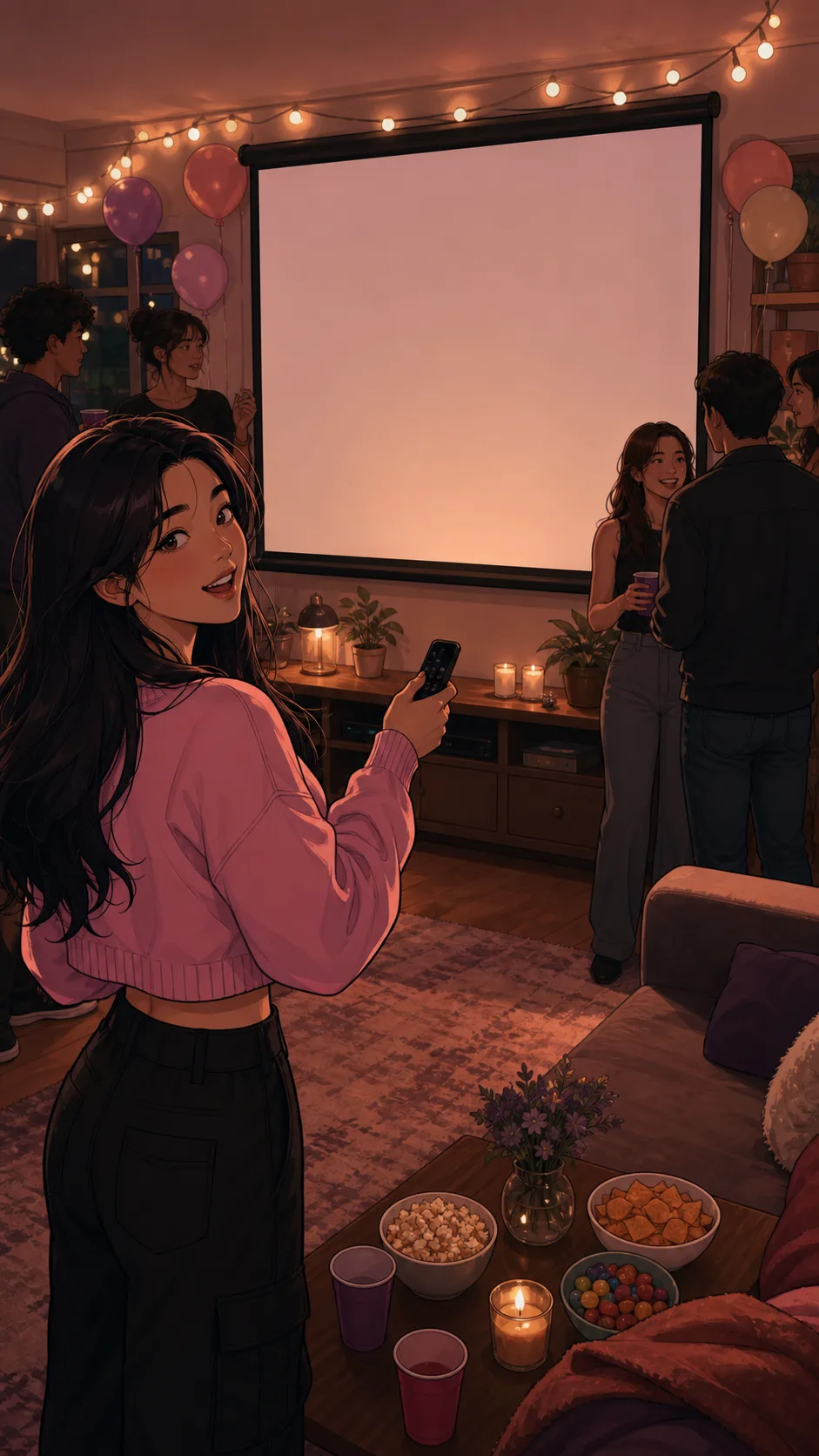 Keira sets up a blank screen at a birthday party.