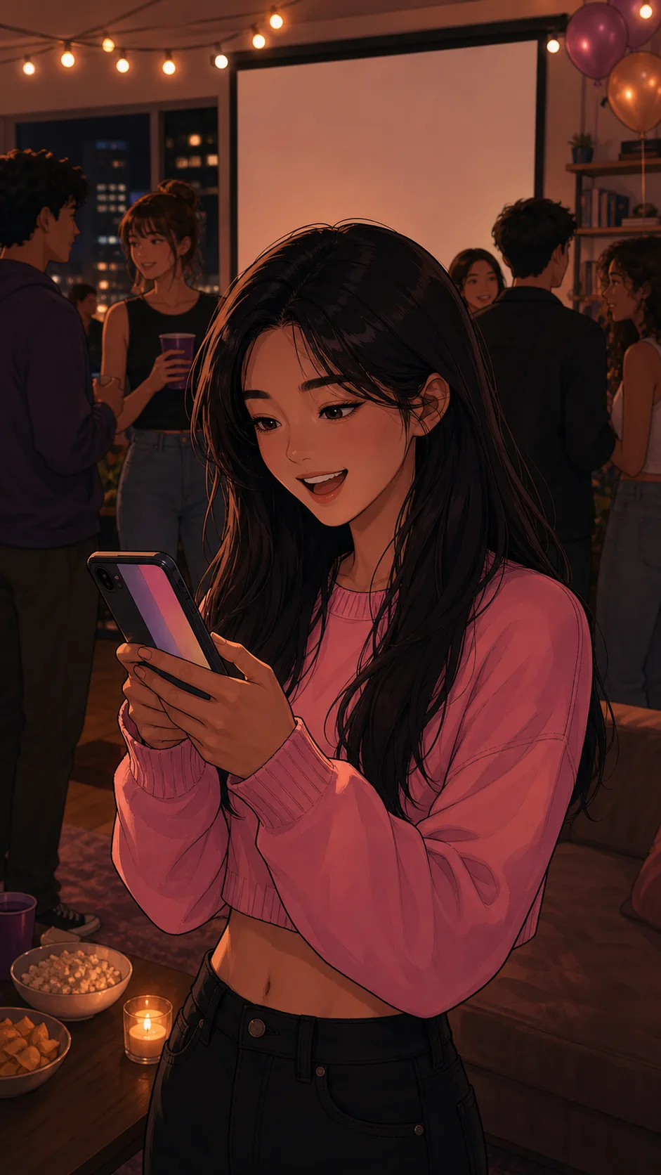 Keira smiles at Dani's story on her phone during the party.